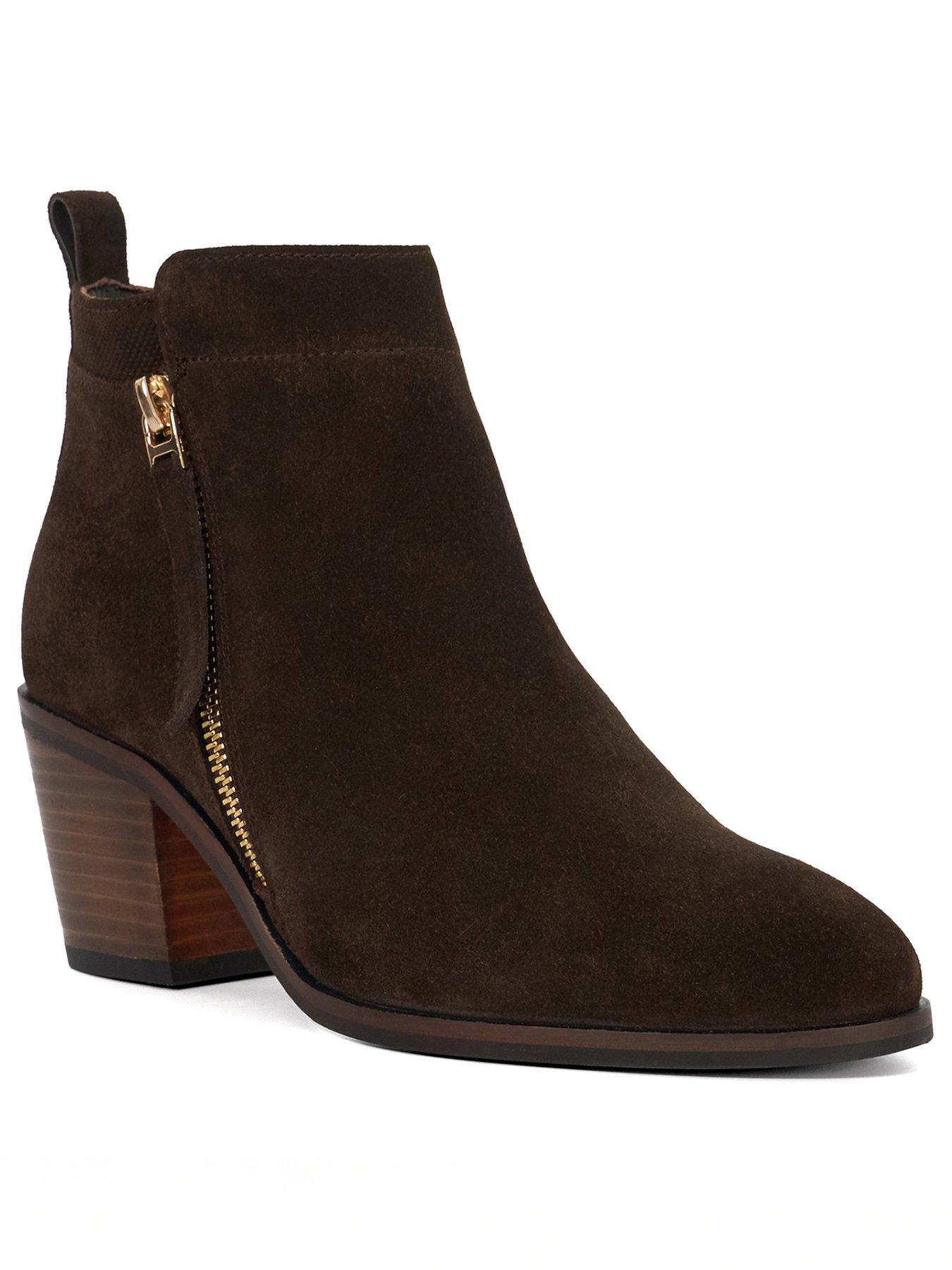 Image 3 of 6 of Dune London Paicing Block Heel Side Zip Leather Boots - Brown
