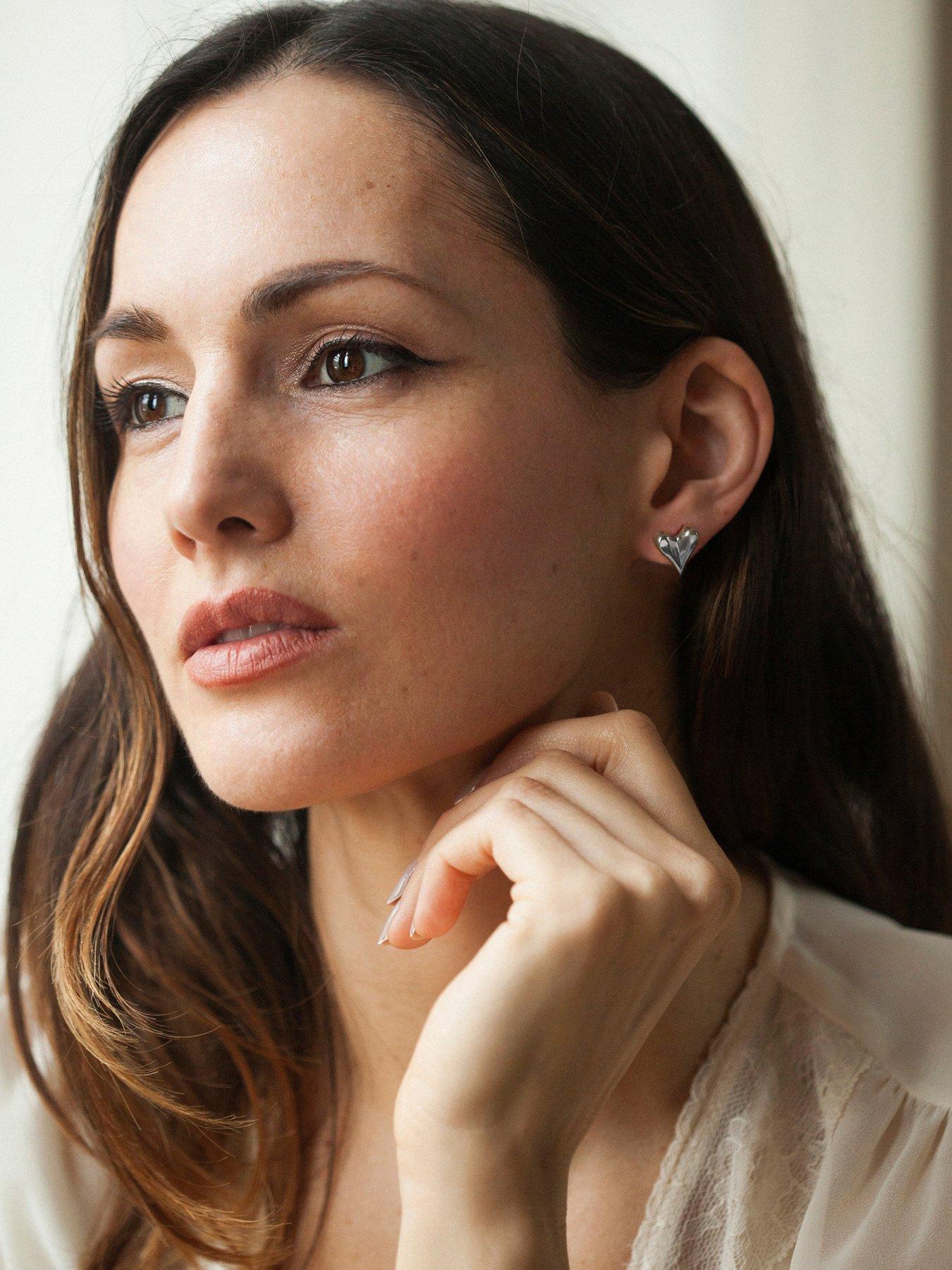 Image 4 of 4 of The Love Collection Sterling Silver Domed Heart Stud Earrings