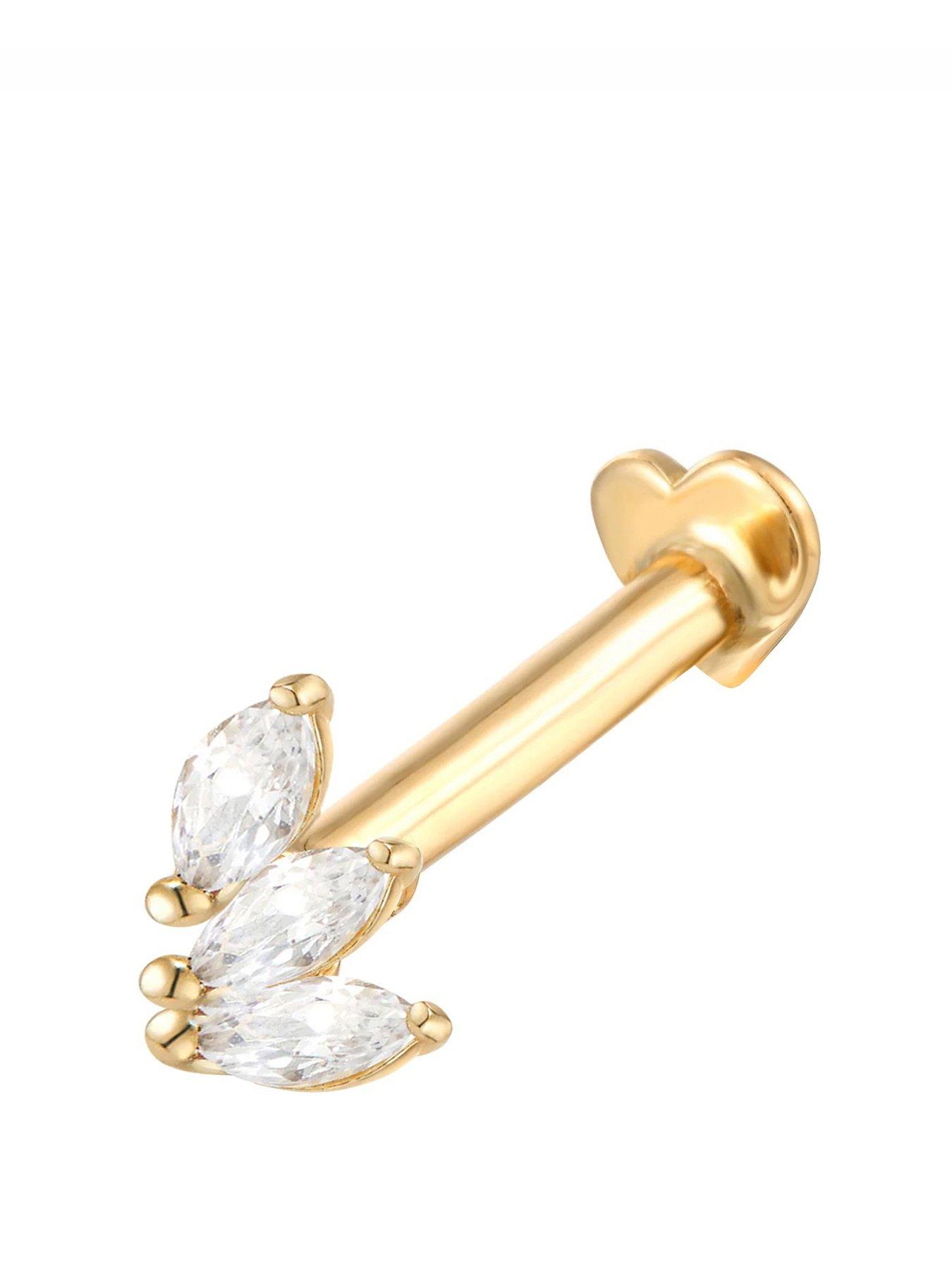 undefined Gold Plated Sterling Silver CZ Floral Single Stud with Heart Flat Back