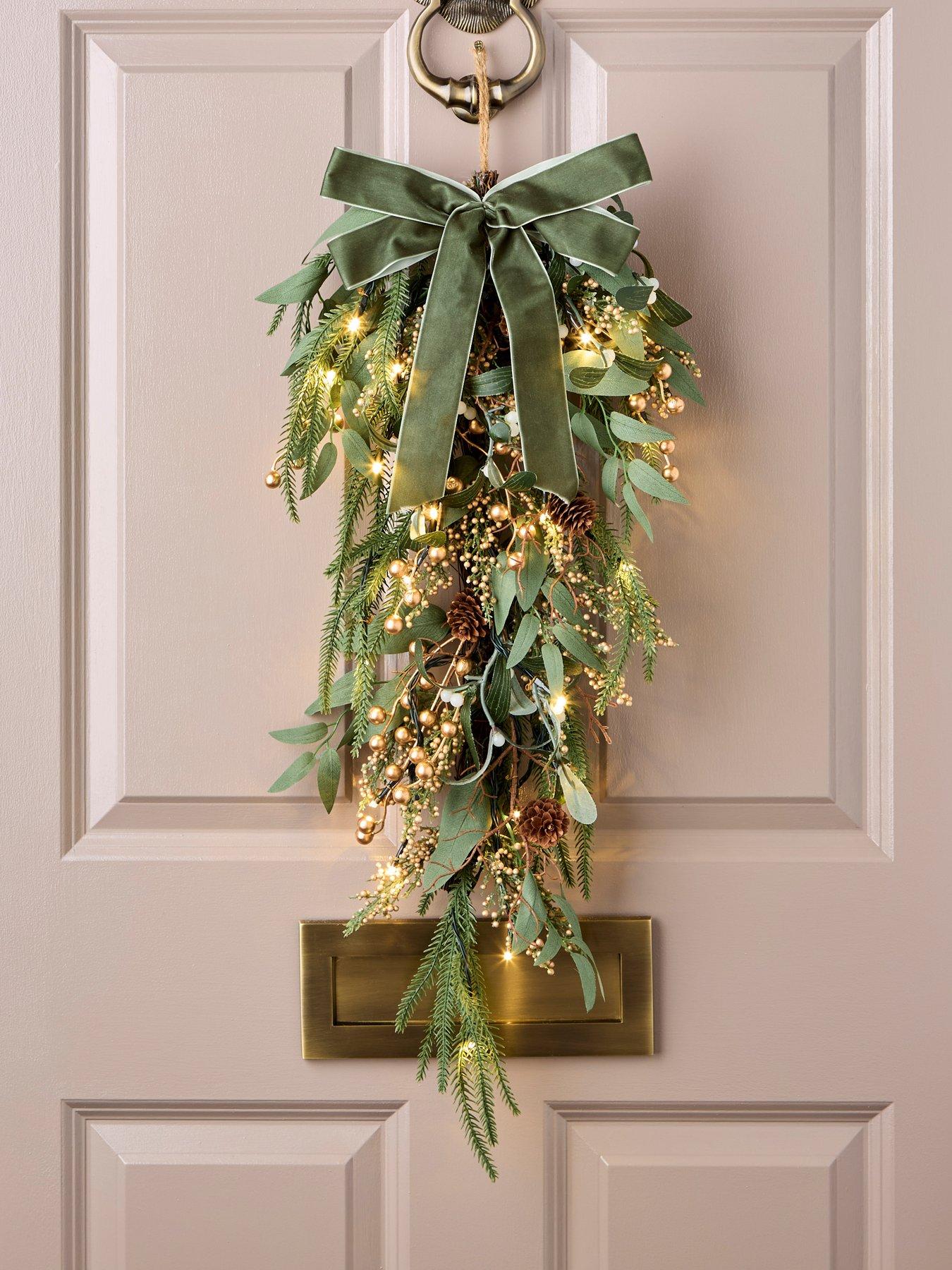 Very Home Mistletoe and Gold Berry Pre Lit Teardrop Christmas Wreath - 70 cm