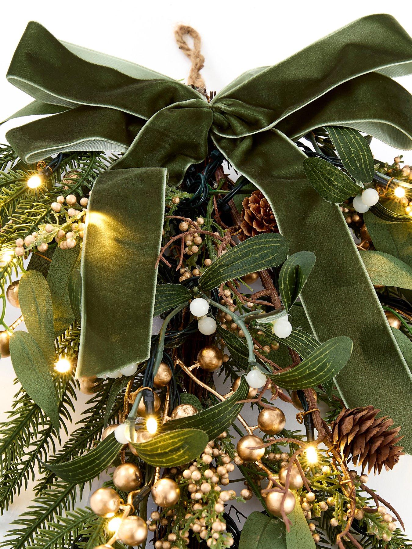 Image 4 of 5 of Very Home Mistletoe and Gold Berry Pre Lit&nbsp;Teardrop Christmas Wreath - 70 cm