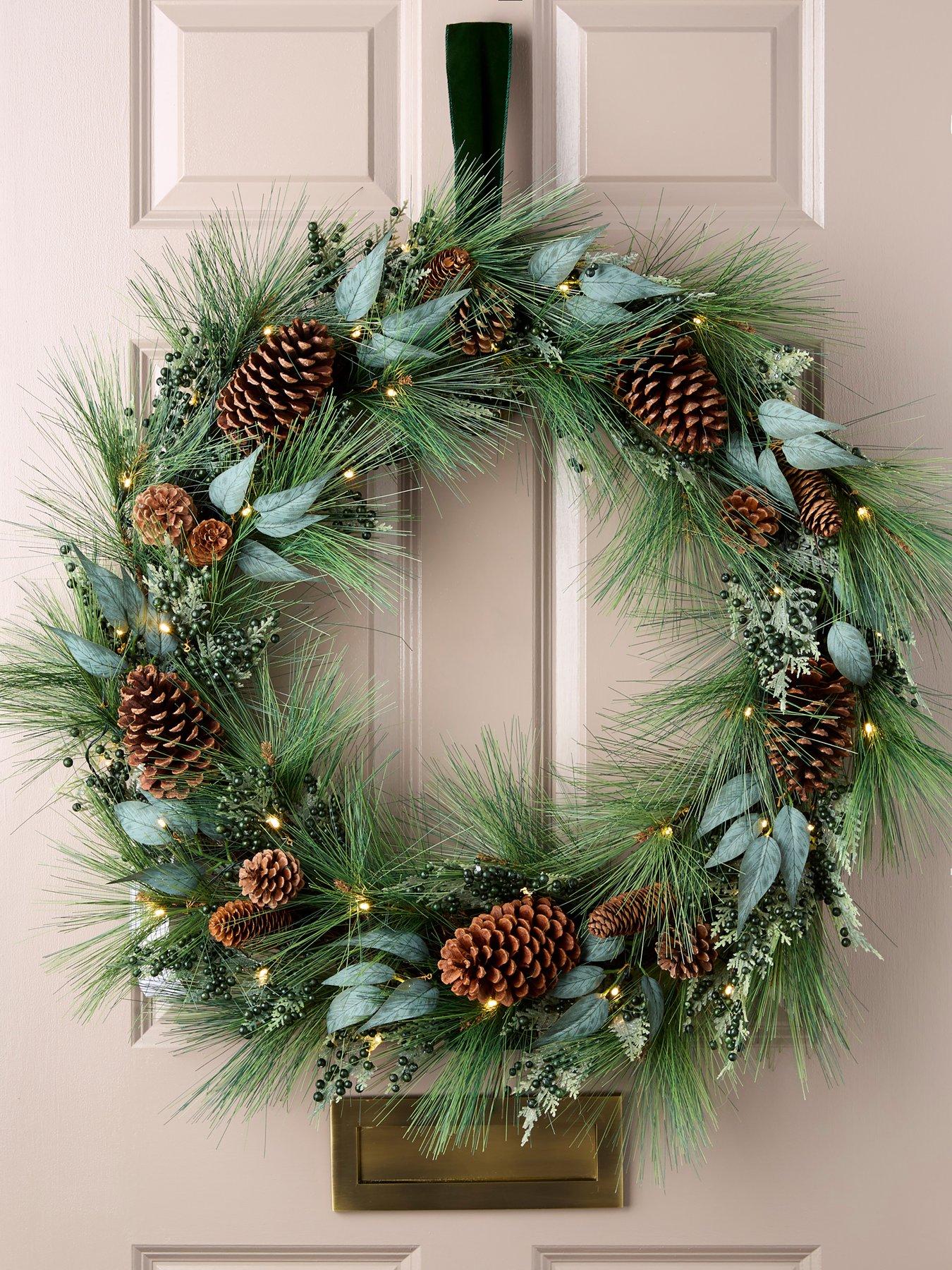 Very Home Pre Lit Christmas Wreath with Green Berries and Pinecones - 90 cm