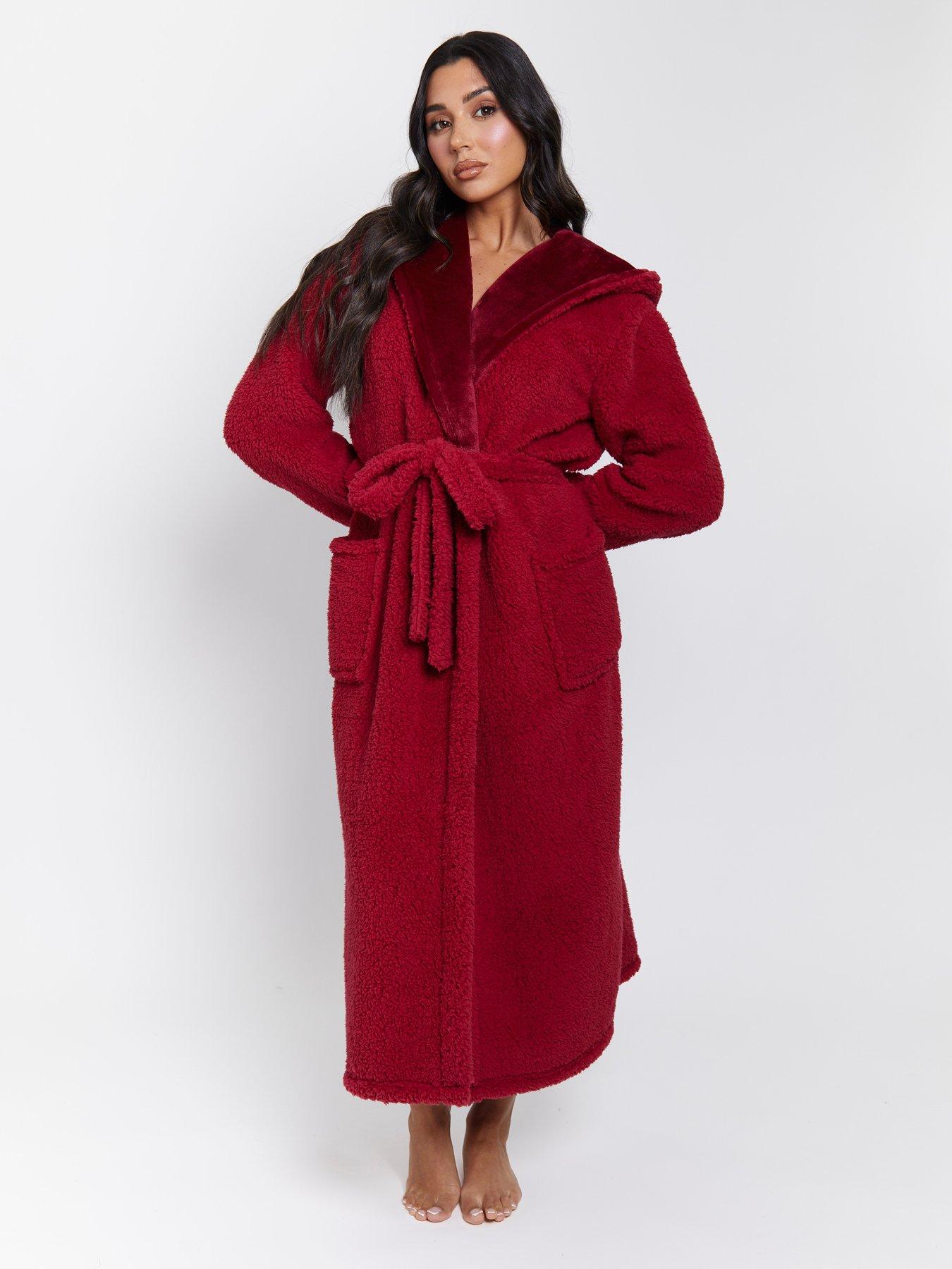 Loungeable Sherpa Maxi Dressing Gown With Luxury Fleece Lined Hood - Red