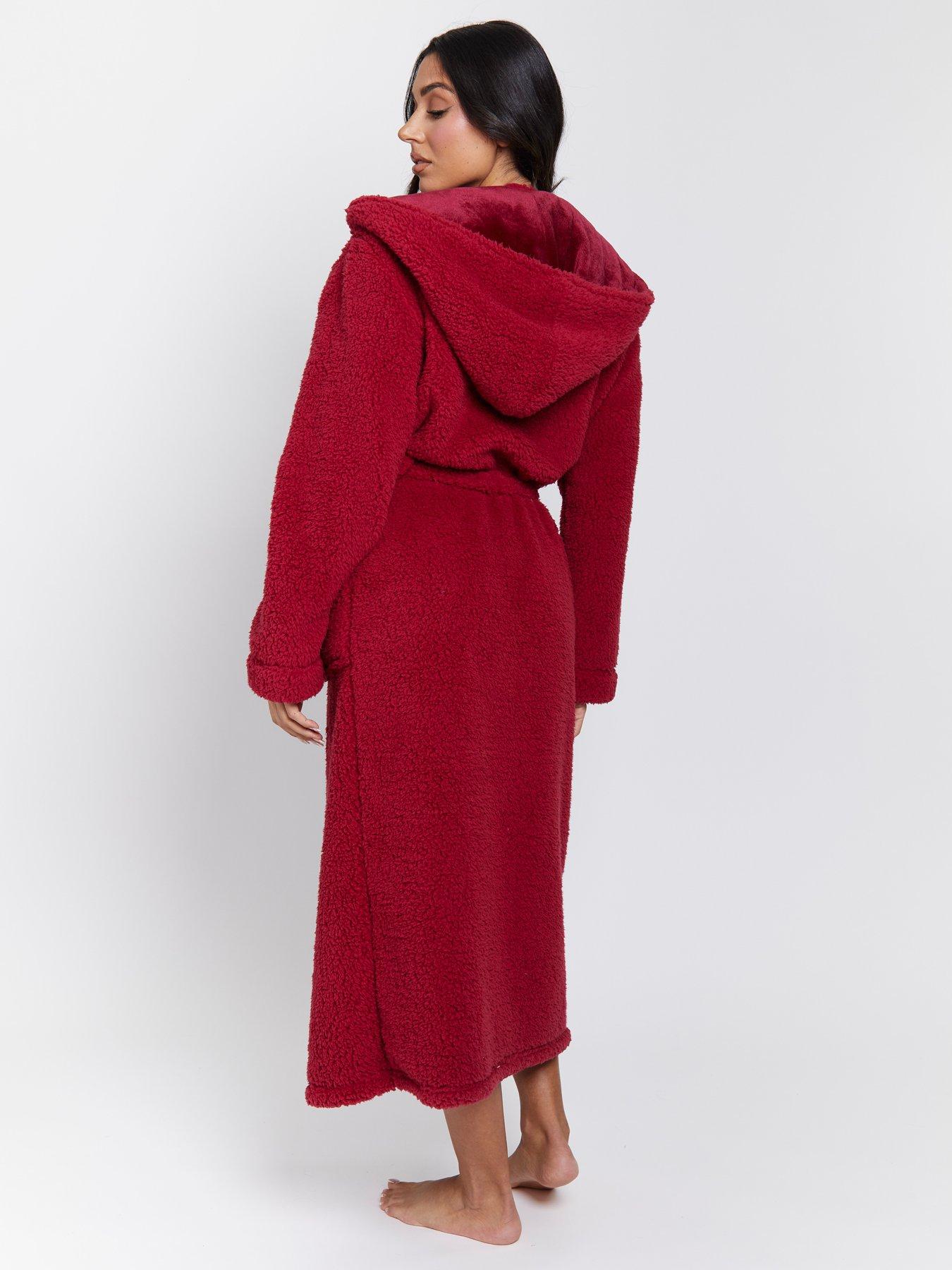 Loungeable Sherpa Maxi Dressing Gown With Luxury Fleece Lined Hood - Red |  Very