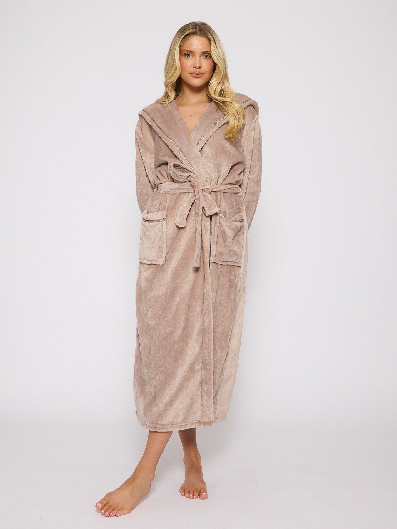 Loungeable Ribbon Trim Luxury Fleece Hooded Maxi Dressing Gown - Taupe - Beige