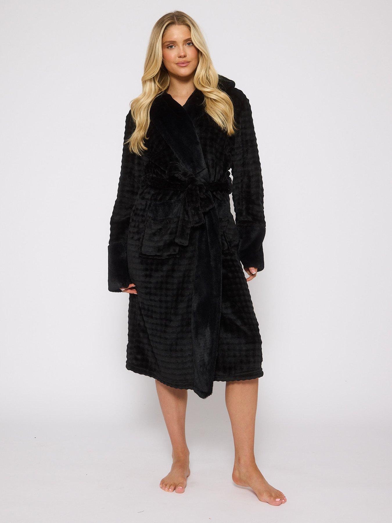 Loungeable Ribbon Trim Luxury Fleece Hooded Maxi Dressing Gown - Black |  Very