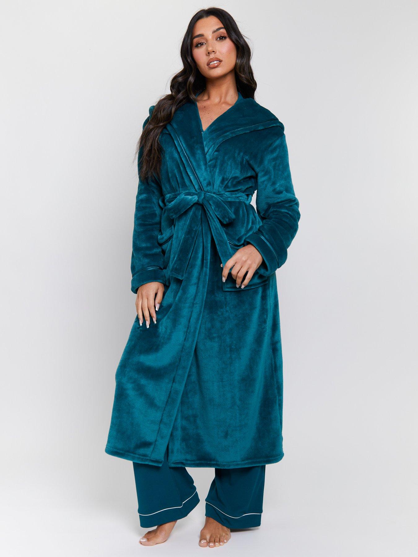 Loungeable Ribbon Trim Luxury Fleece Hooded Maxi Dressing Gown - Green