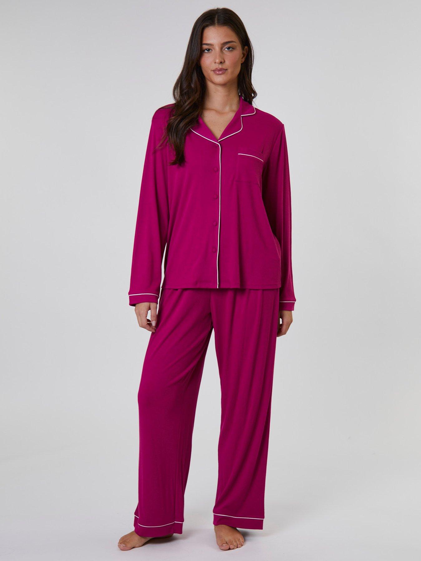 Loungeable: Rib Long Sleeve Traditional Shirt And Long Pant - Hot Pink
