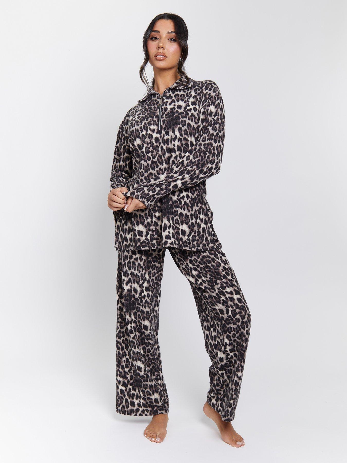 Loungeable Leopard Soft Knit Long Sleeved 1/4 Zip Top - Multi