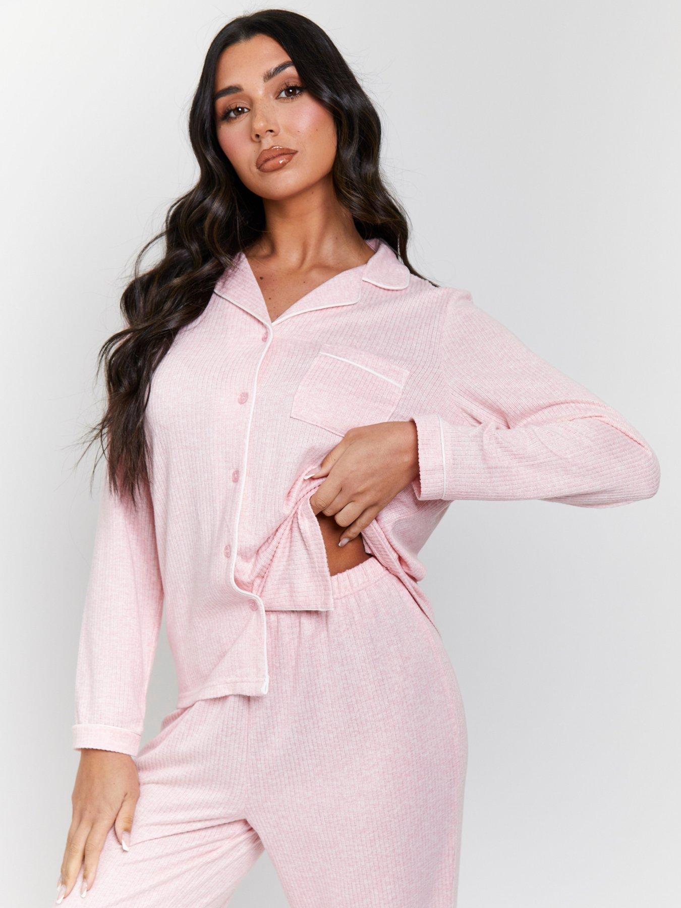 Image 4 of 5 of Loungeable Marl Brushed Knit Rib Long Sleeve And Trouser Pyjama Set