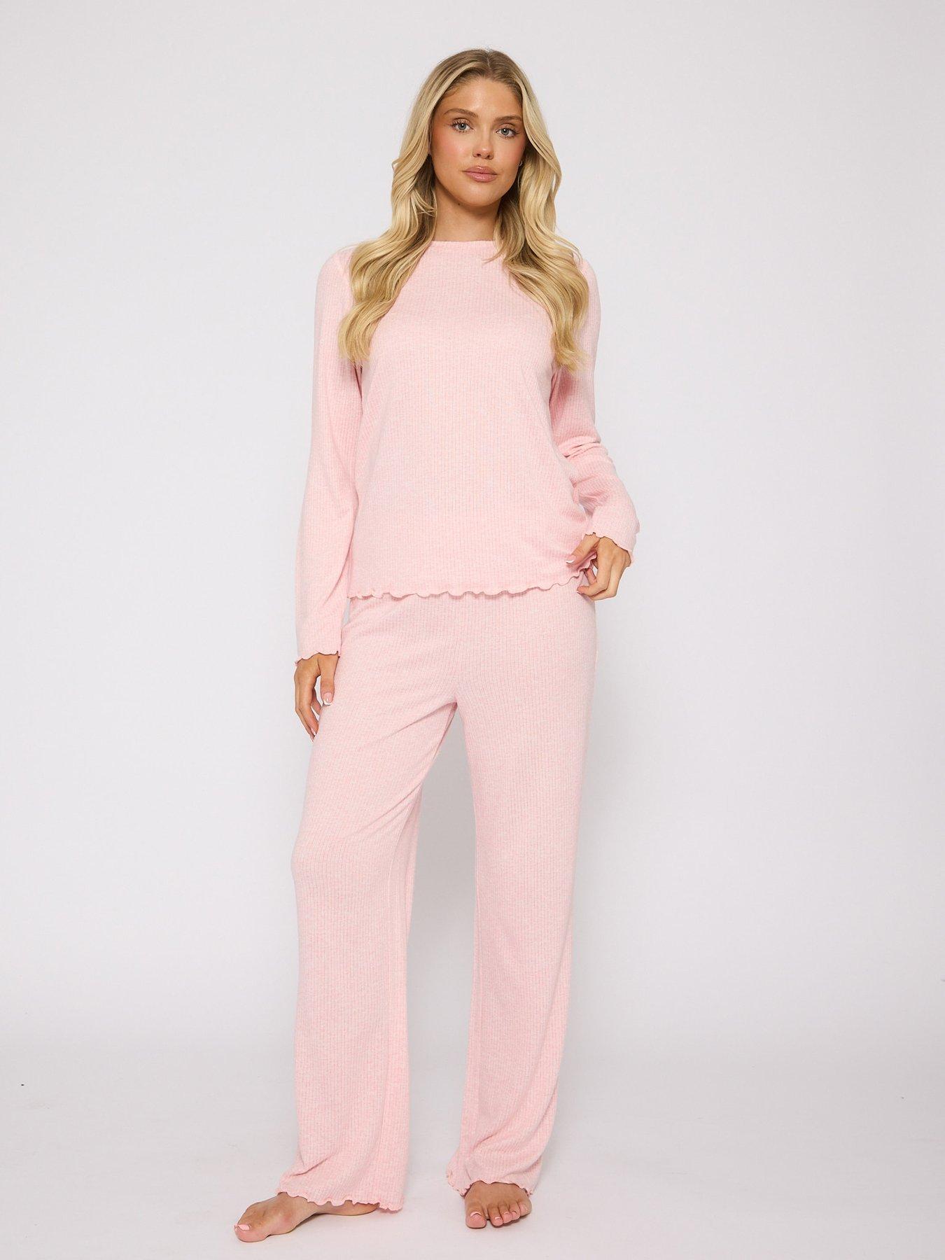 Loungeable Marl Brushed Knit Rib Long Sleeve And Trouser Pyjama Set - Pink