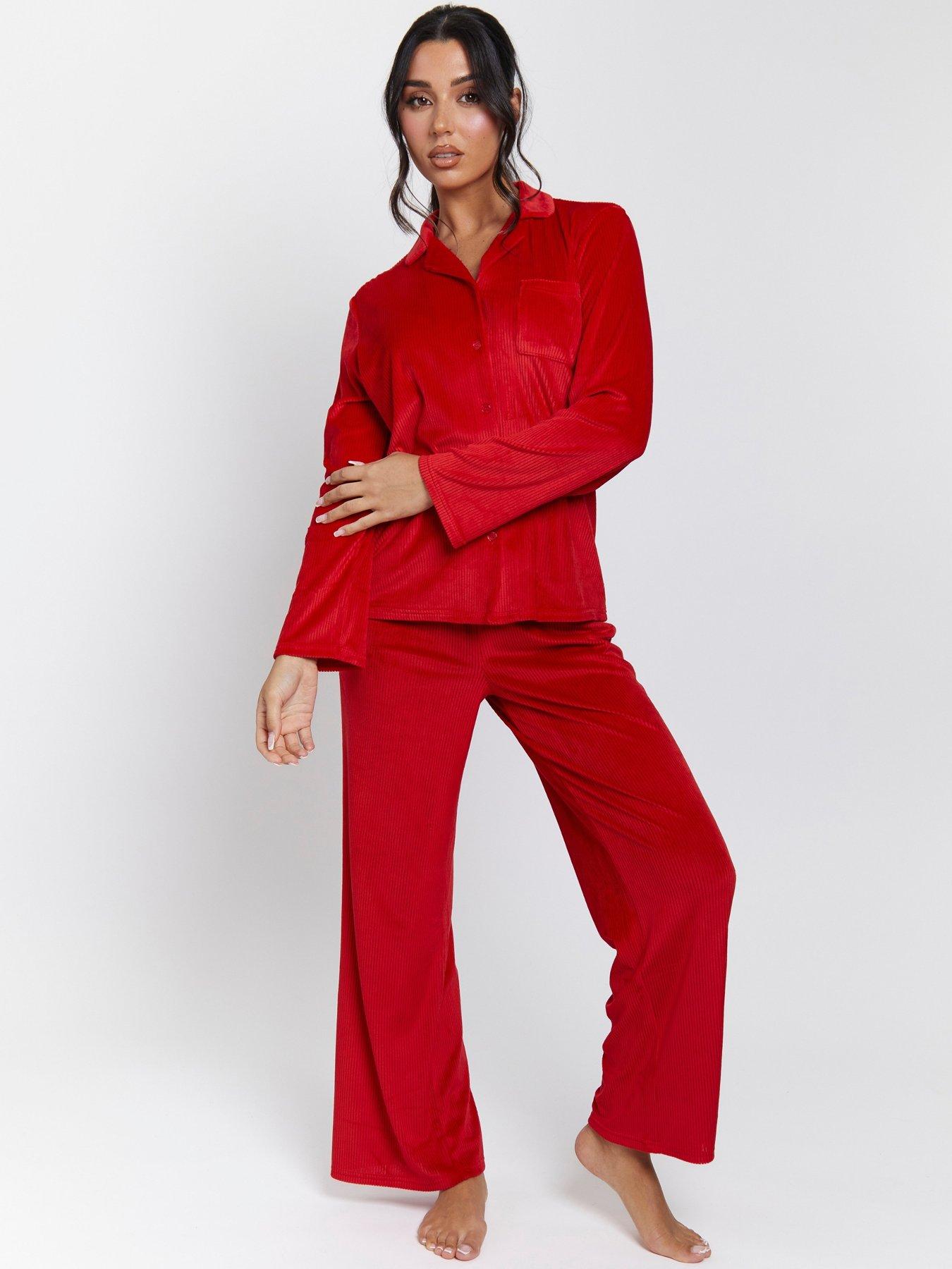 Loungeable Velour Rib Long Sleeved Traditional Pyjama Set - Red