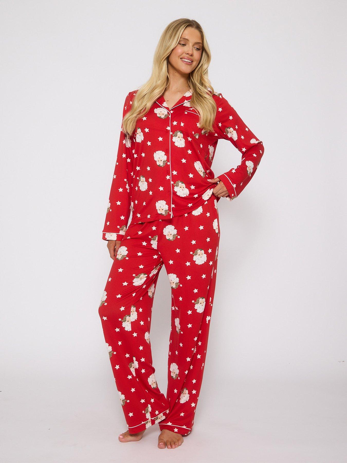 Loungeable Leopard Santa Button Shirt And Long Pant Christmas Pyjamas Set - Red