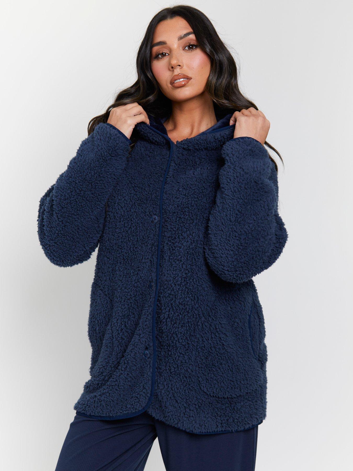 Loungeable Borg Button Lounge Hooded Cardigan - Navy | Very