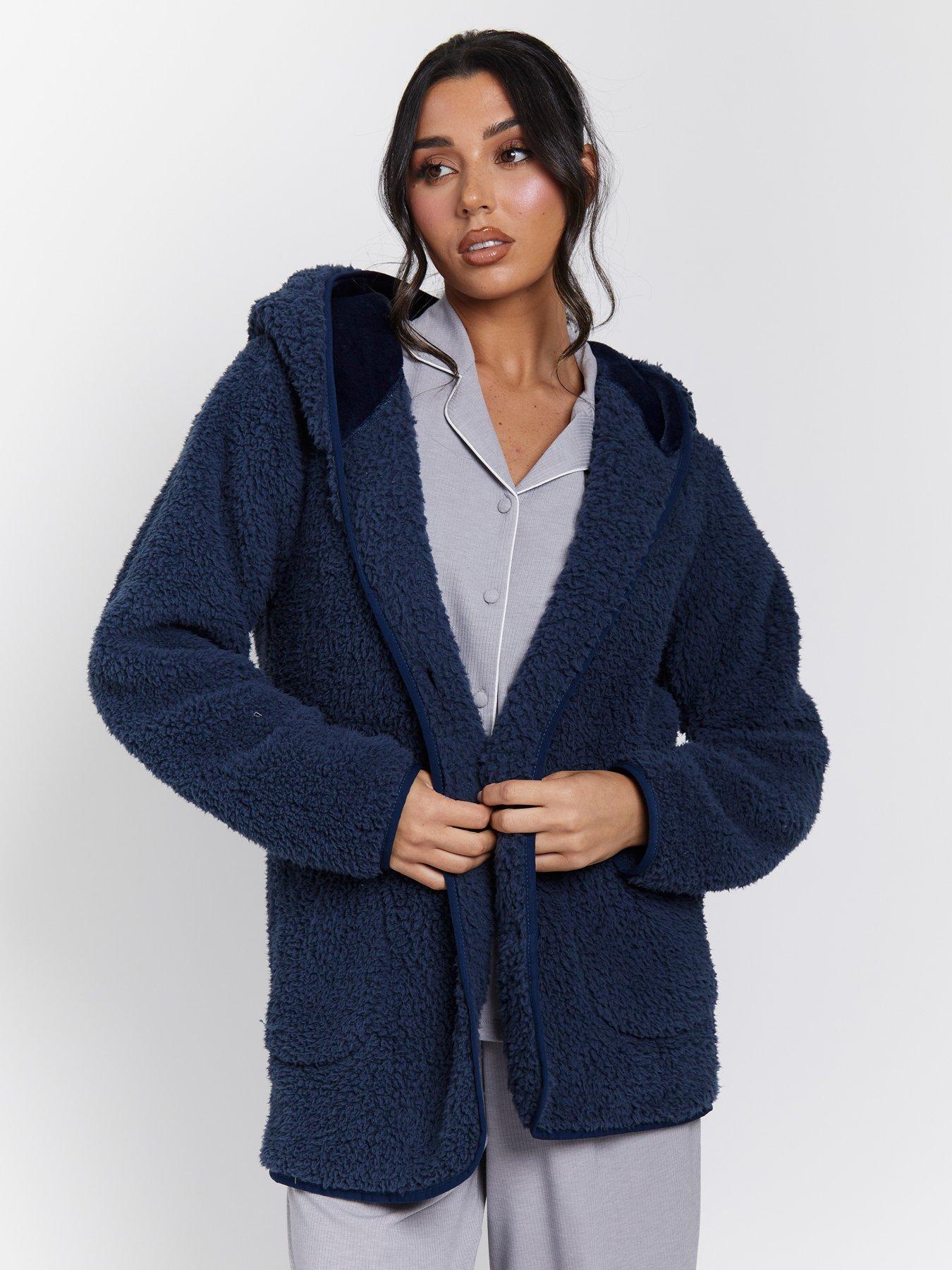 Loungeable Borg Button Lounge Hooded Cardigan - Navy | Very