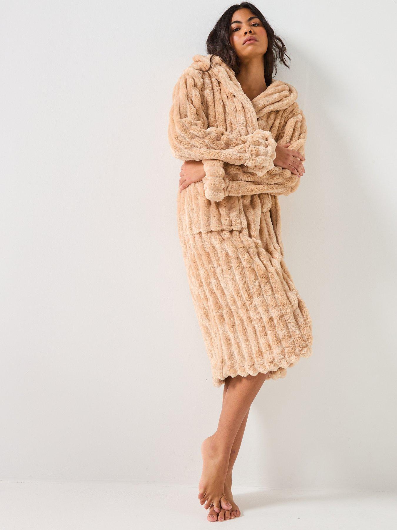 Loungeable Plush Ridged Fleece Hooded Dressing Gown With Faux Fur Leopard Trim - Beige