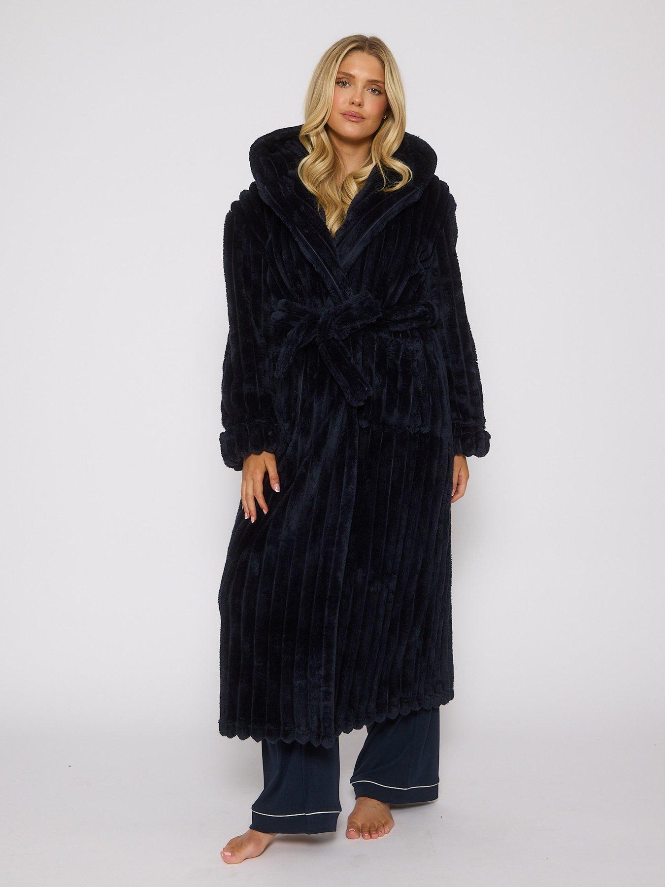 Loungeable Plush Luxury Maxi Hooded Dressing Gown - Navy - Blue | Very