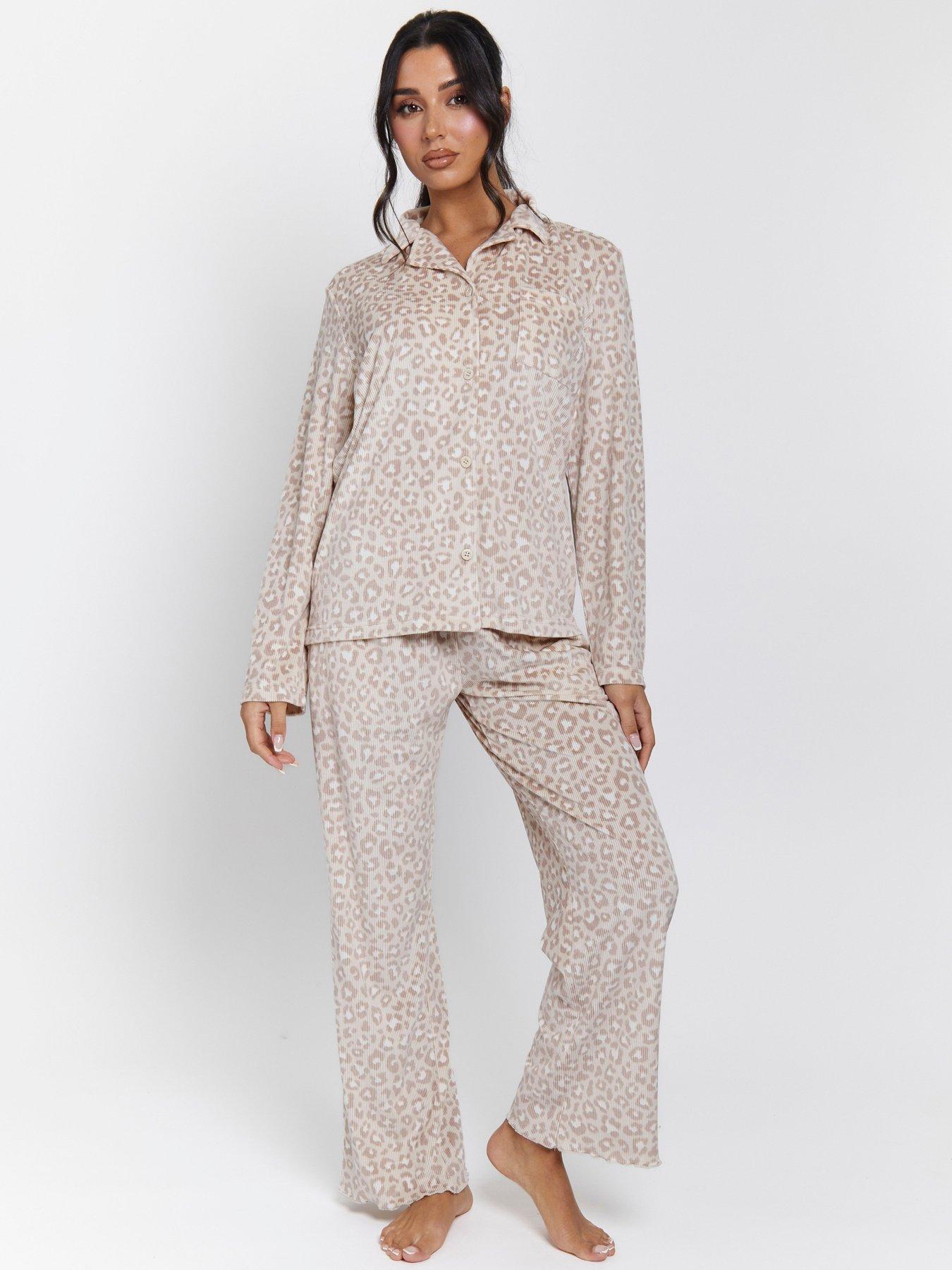Loungeable Leopard Ribbed Long Sleeve Top And Trousers Pyjamas - Beige