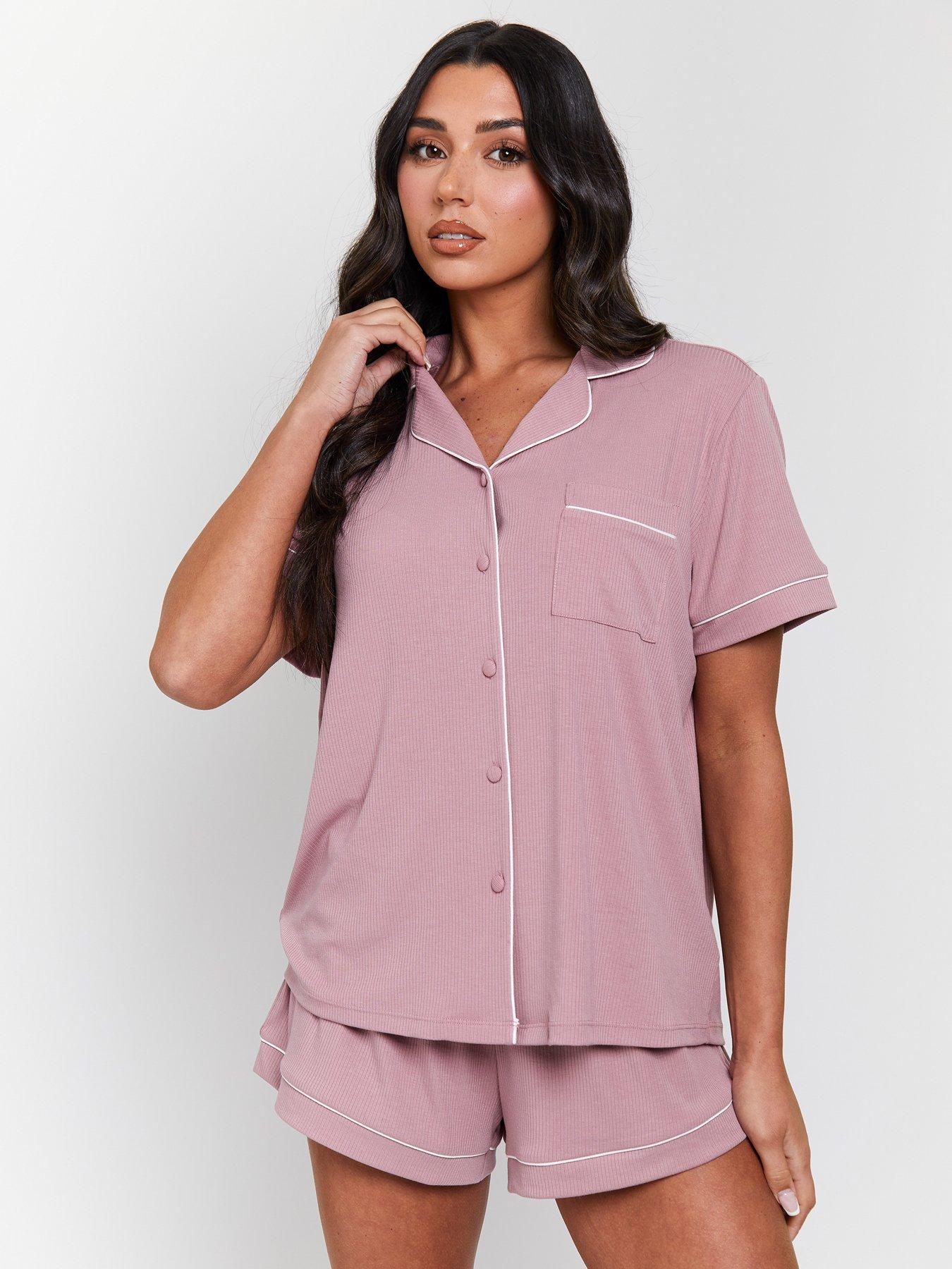 Loungeable Rib Short Sleeve Traditional Shirt And Shorts, Pink, Size Xl, Women
