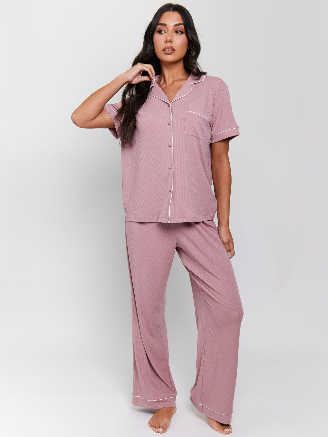 Loungeable Rib Short Sleeve Traditional Shirt And Long Pant Pyjama Set - Dusty - Pink