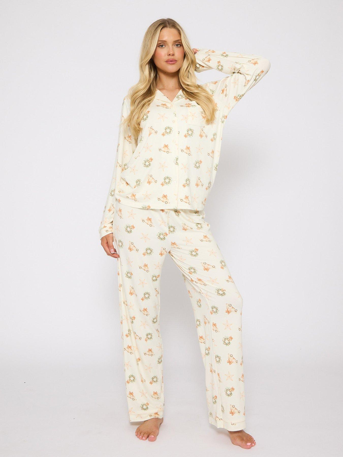 Image 1 of 3 of Loungeable Neutral Button Shirt And Long Pant Christmas Pyjama Set - Cream