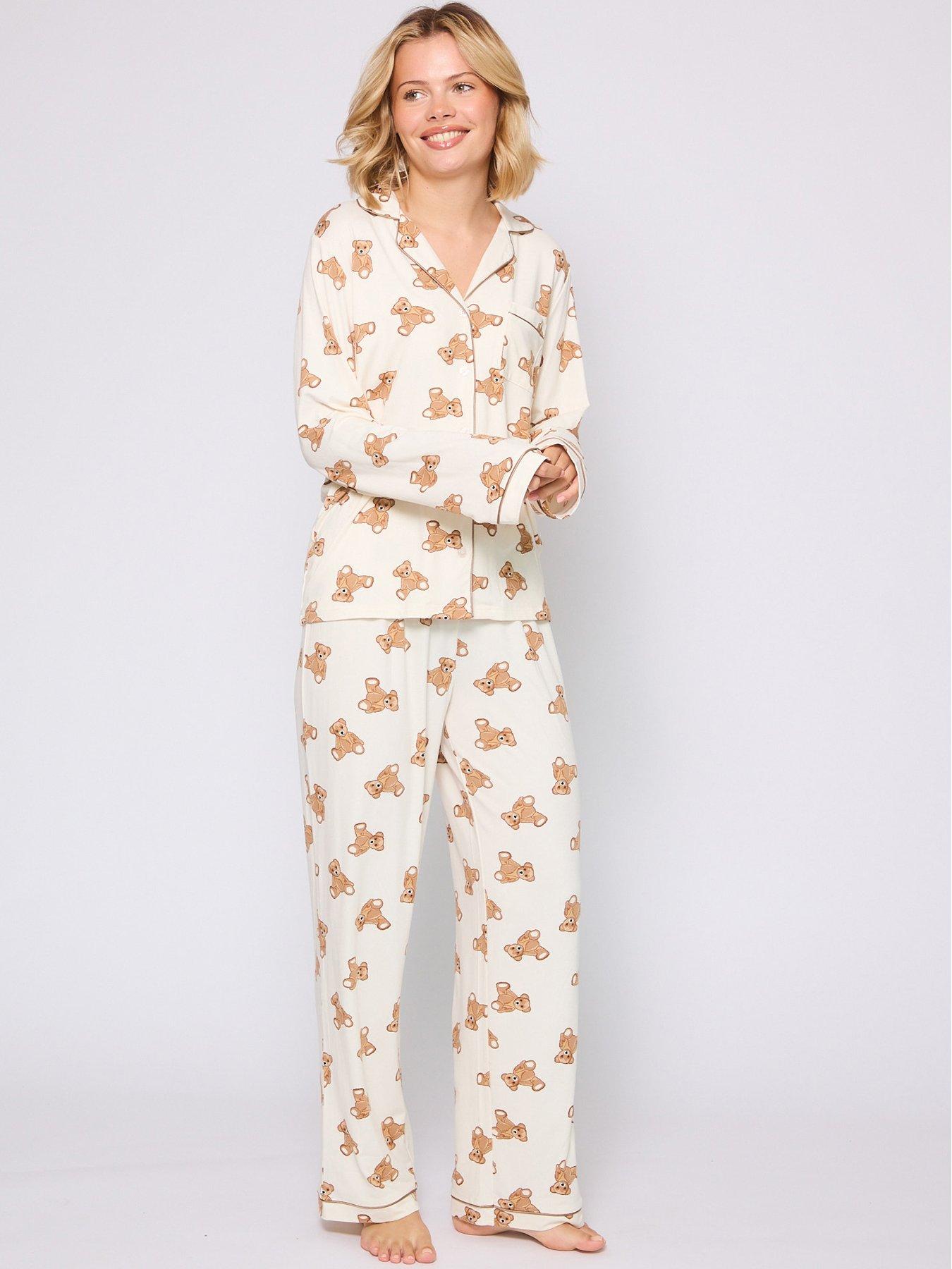 Loungeable Teddy Bear Button Shirt And Long Pant Pyjamas Set - Cream