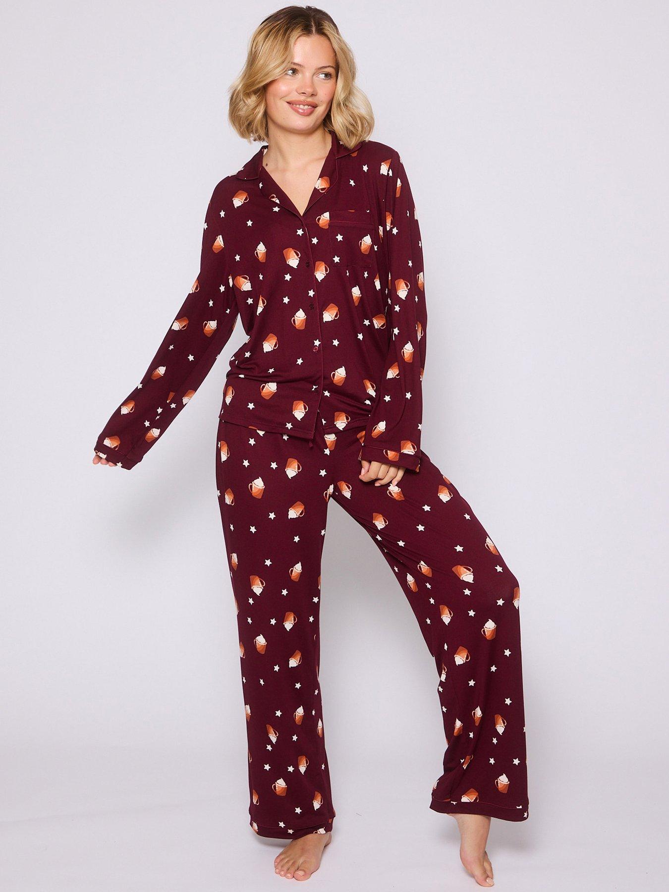 loungeable-pumpkin-latte-long-sleeved-button-down-traditional-pyjama-set-red