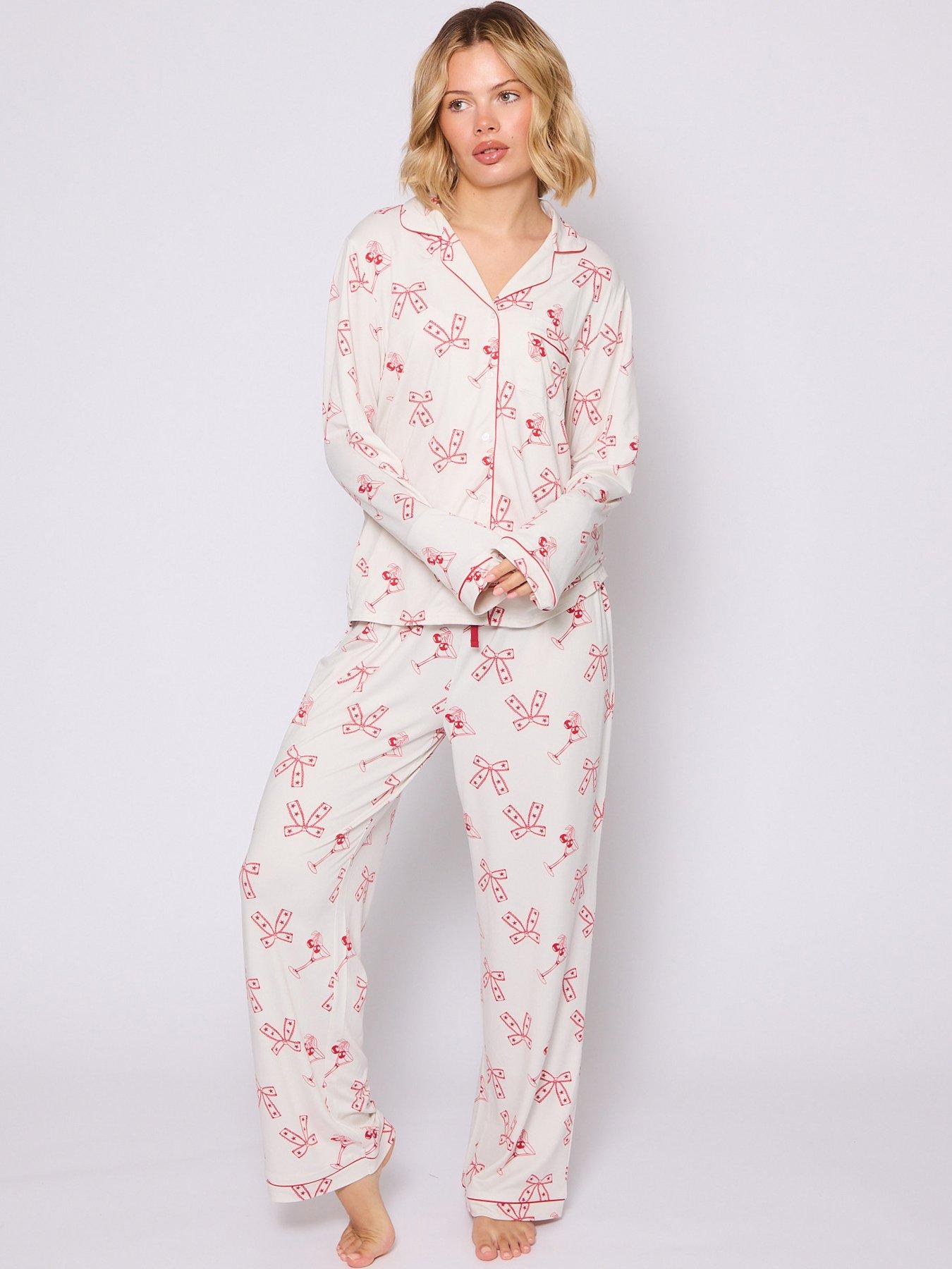 Loungeable Cherry Martini Long Sleeved Button Down Traditional Pyjama Set - White