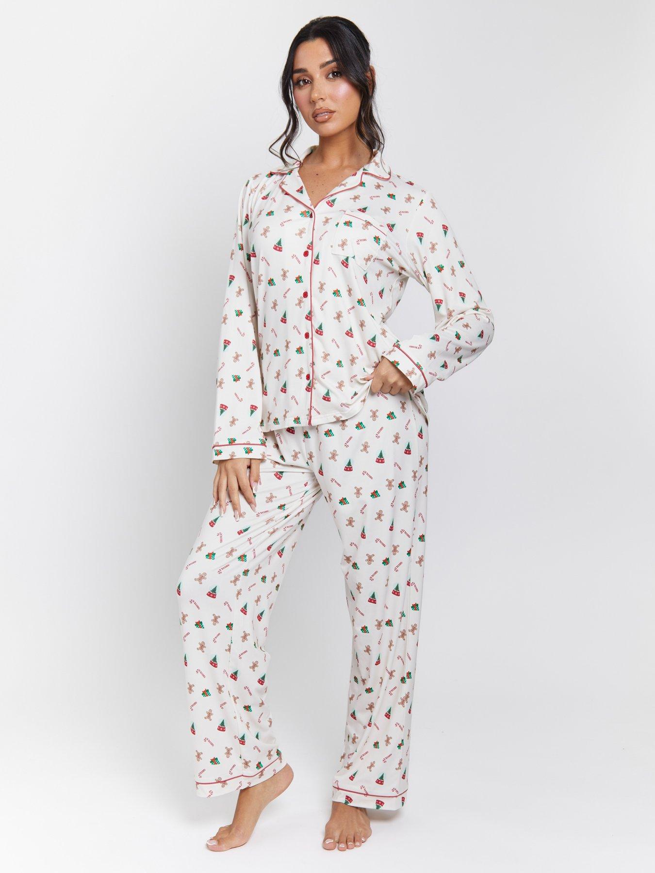 Loungeable Ginger Bread Button Shirt And Long Pant Christmas Pyjamas Set - Cream