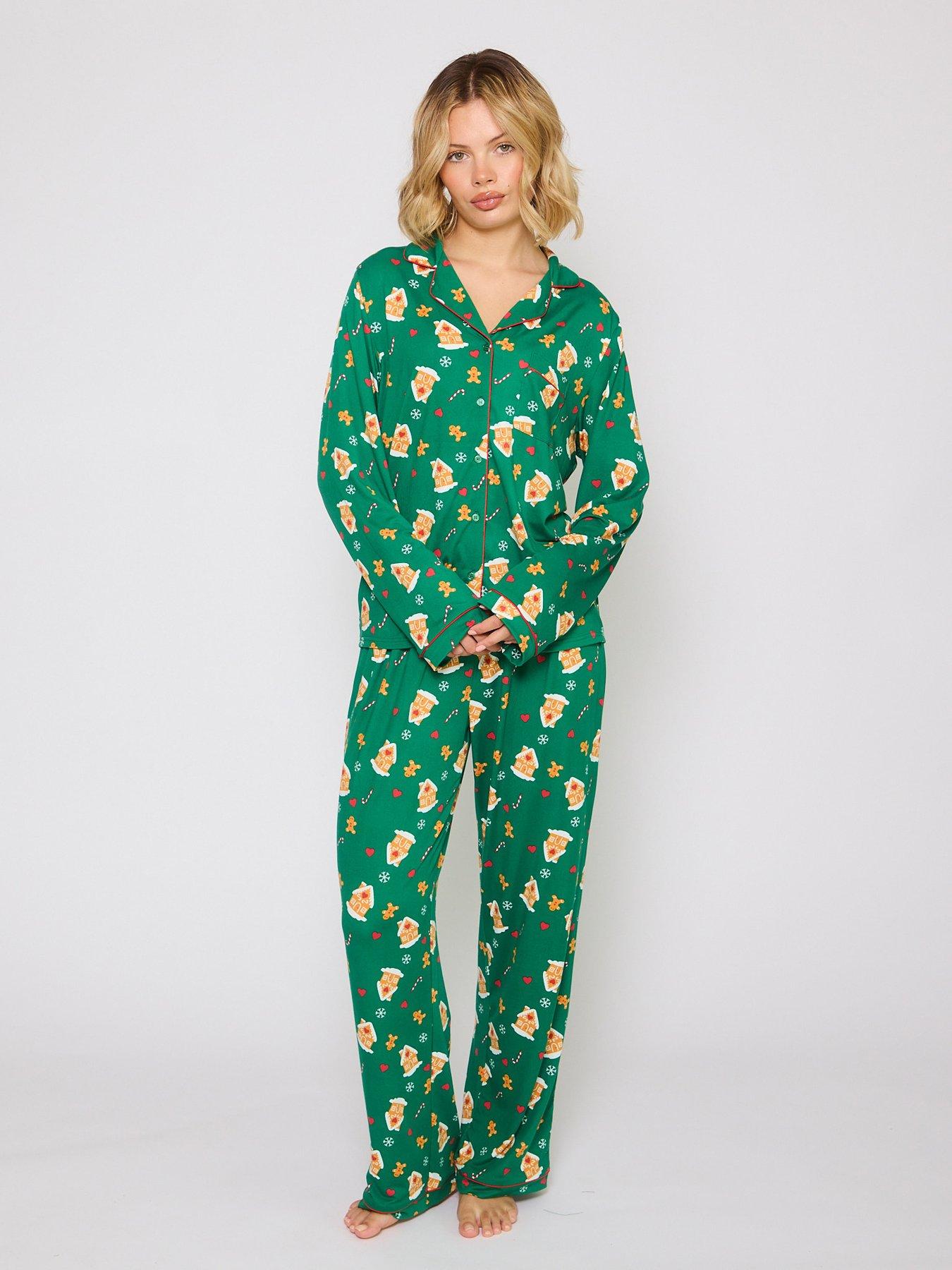 Loungeable Gingerbread Button Shirt And Long Pant Pyjama Set - Green