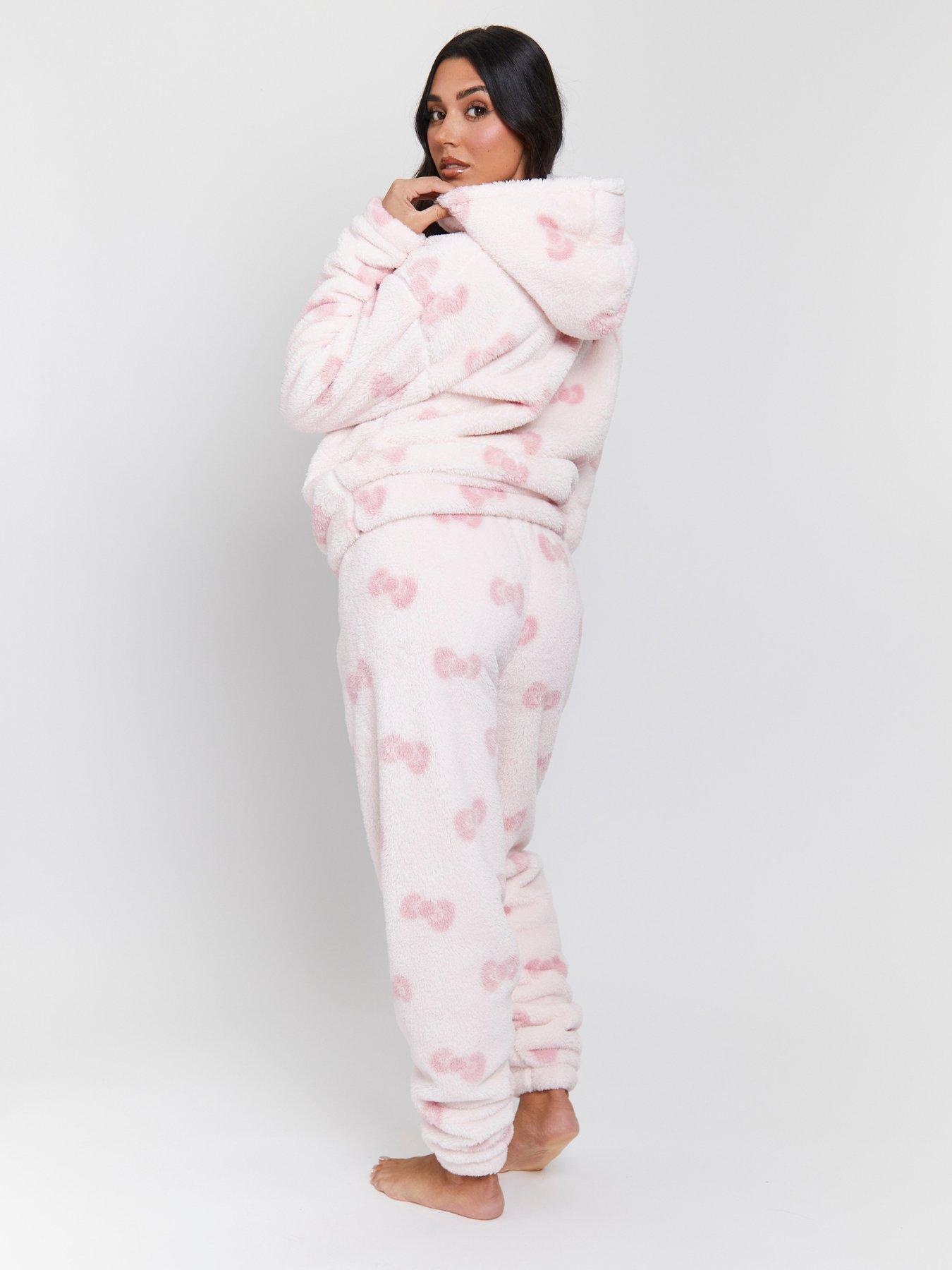 Image 2 of 5 of Loungeable Bow Sherpa Hoodie With Jogger Twosie - Pink