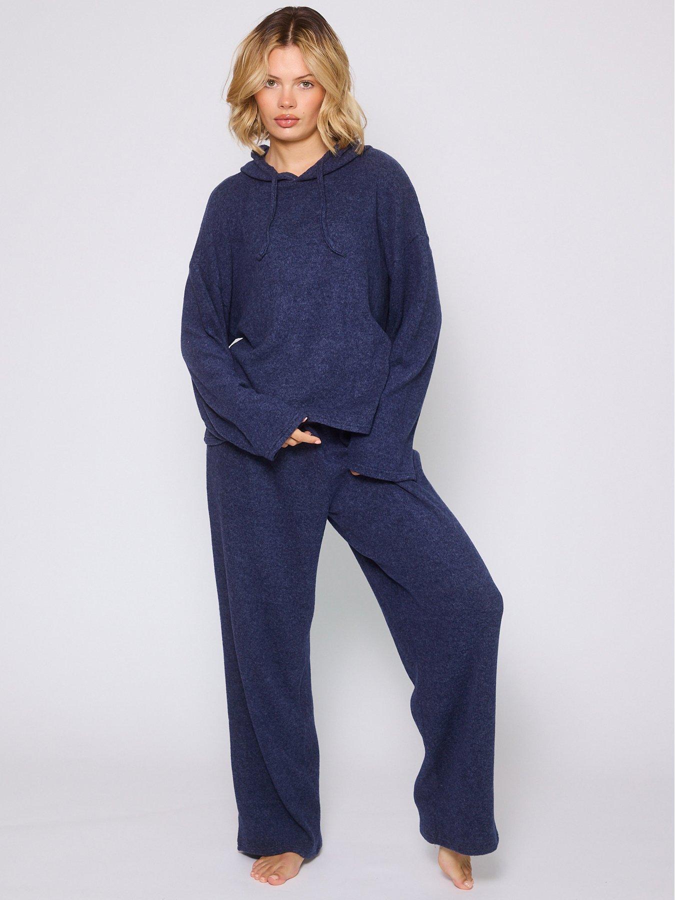 Loungeable: Soft Knit Hooded Top And Trouser Lounge Set - Navy