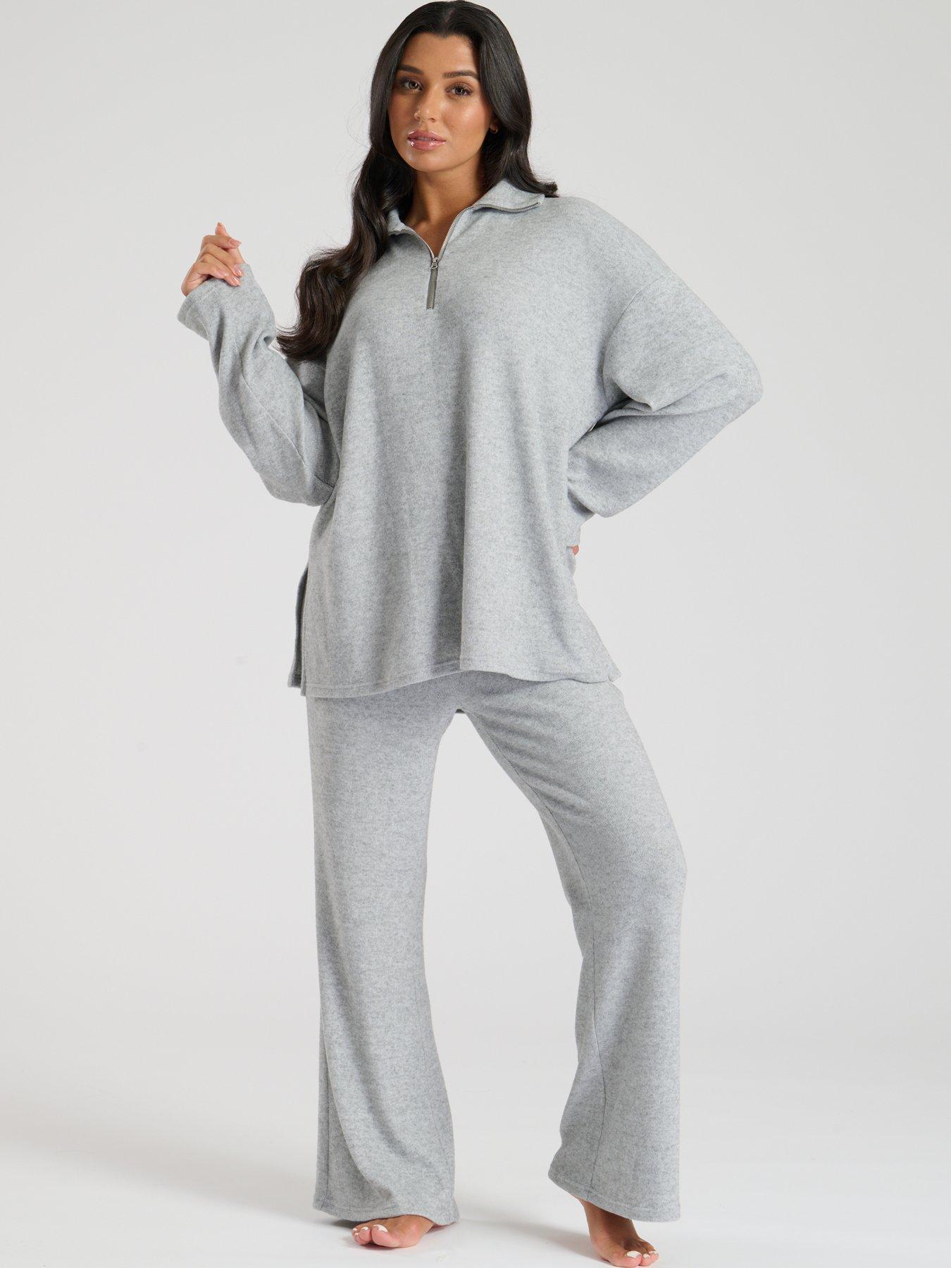 Loungeable Soft Knit 1/4 Zip Top And Trouser Lounge Set - Grey