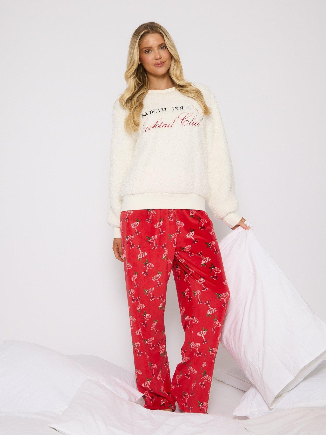 undefined Cocktail Club Slogan Sweater And Printed Trouser Christmas Pyjama Set - White