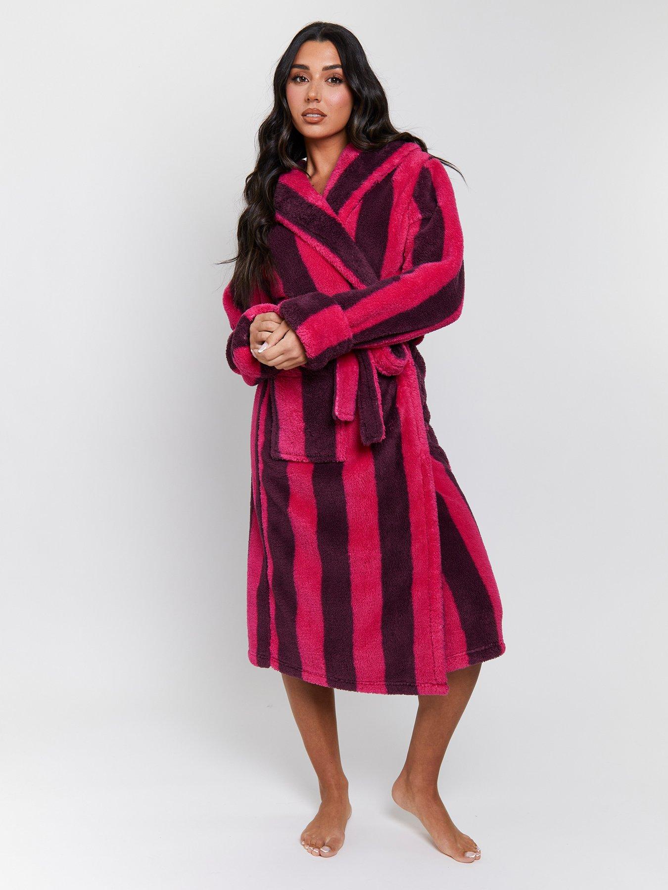 Loungeable Chunky Sherpa Stripe Hooded Dressing Gown - Red