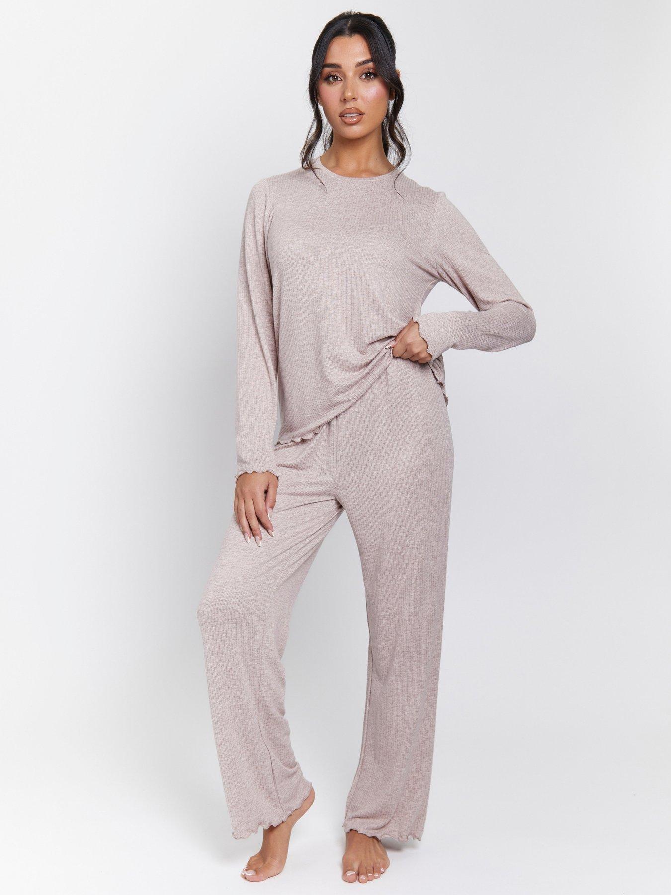 undefined Marl Brushed Knit Rib Traditional Pyjama Set - Grey