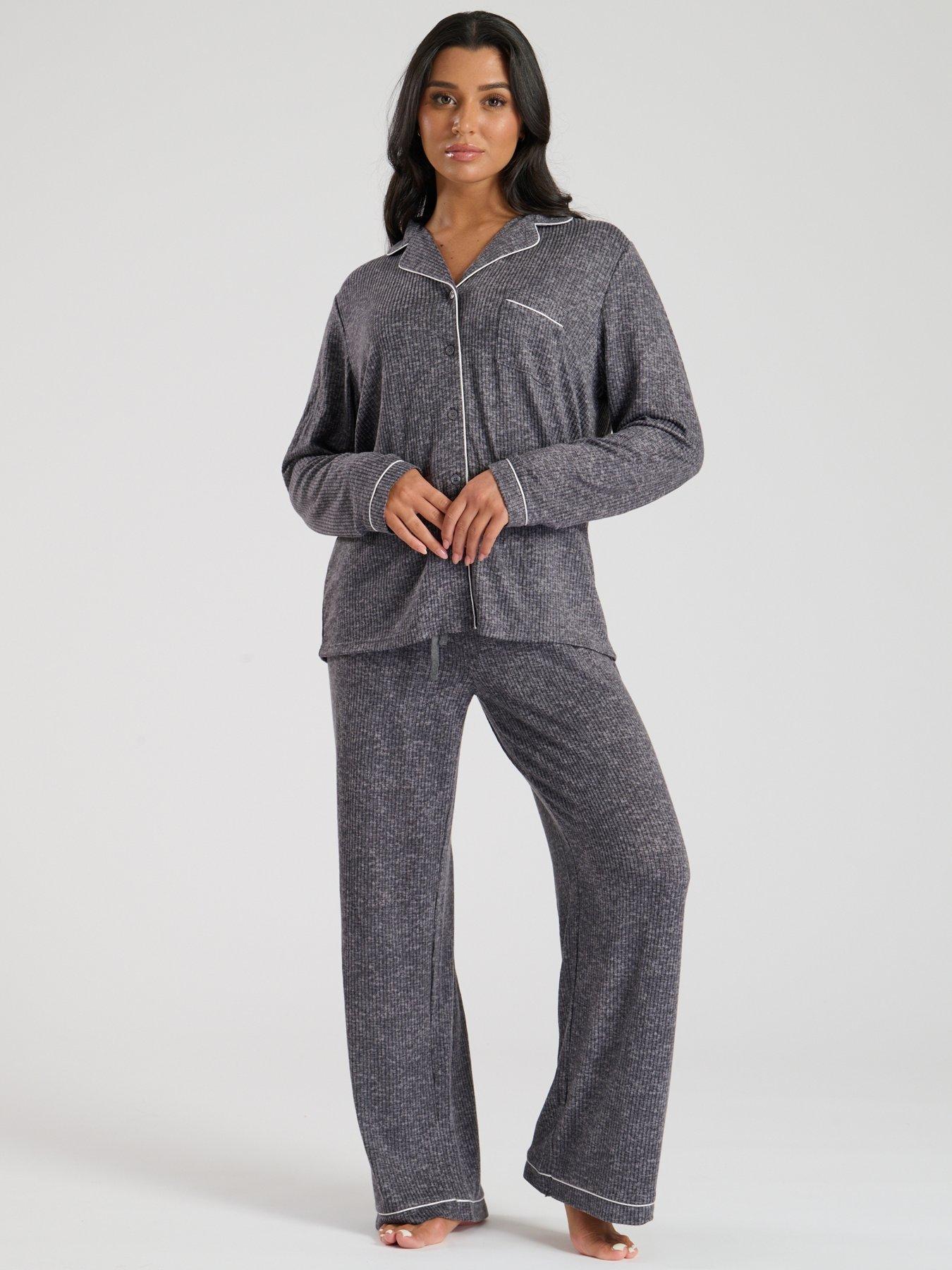 Loungeable Marl Brushed Knit Rib Traditional Pyjama Set - Grey