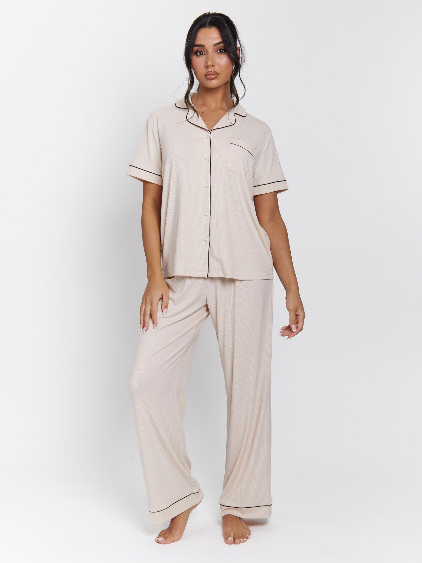 Loungeable Rib Short Sleeve Traditional Shirt And Long Pant - Beige