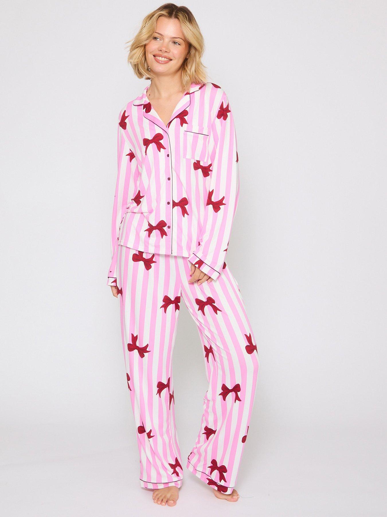 Loungeable Bow Printed Jersey Long Sleeved Pyjama And Trouser Set - Pink