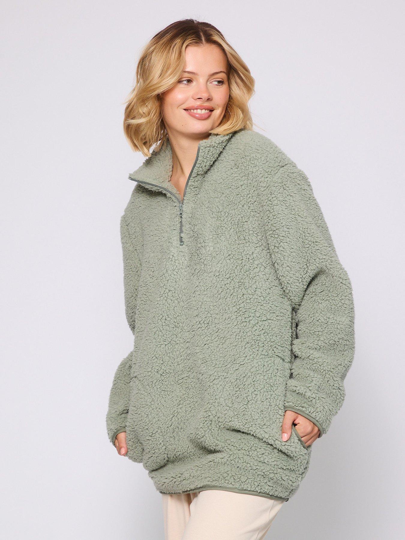 Loungeable Borg 1/4 Zip Jumper With Pockets - Green