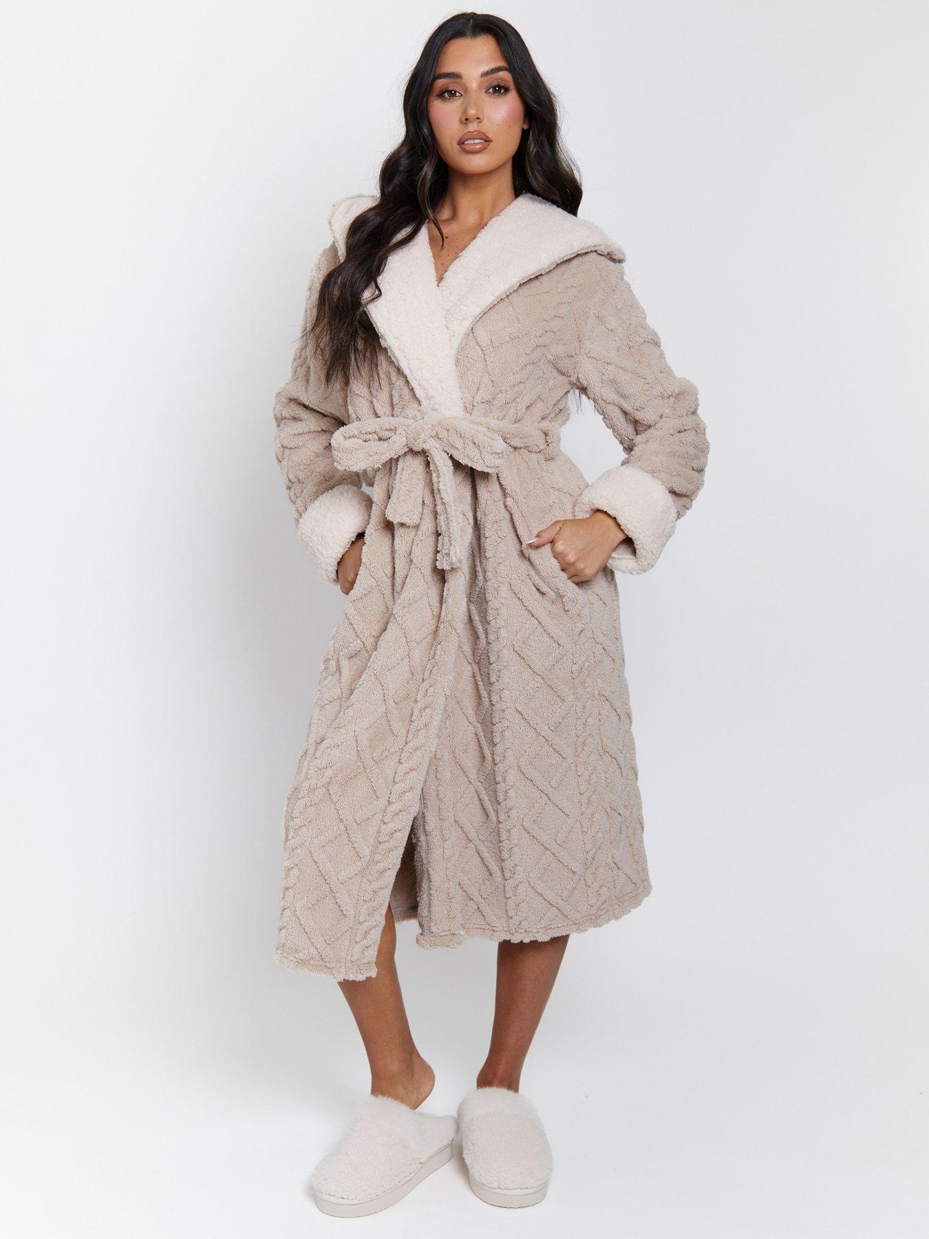 Loungeable Cable Cutwork Hooded Maxi Dressing Gown - Beige