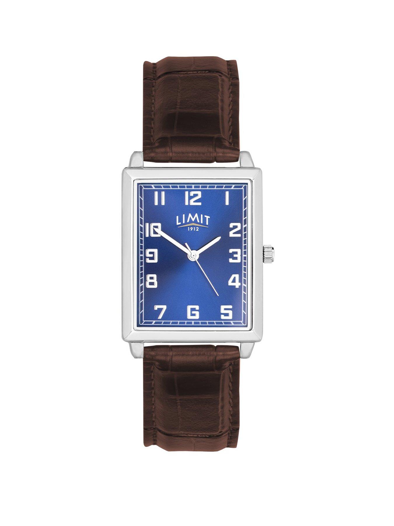 undefined 30mm Mens Rectangular Silver Analogue Watch with Brown Strap