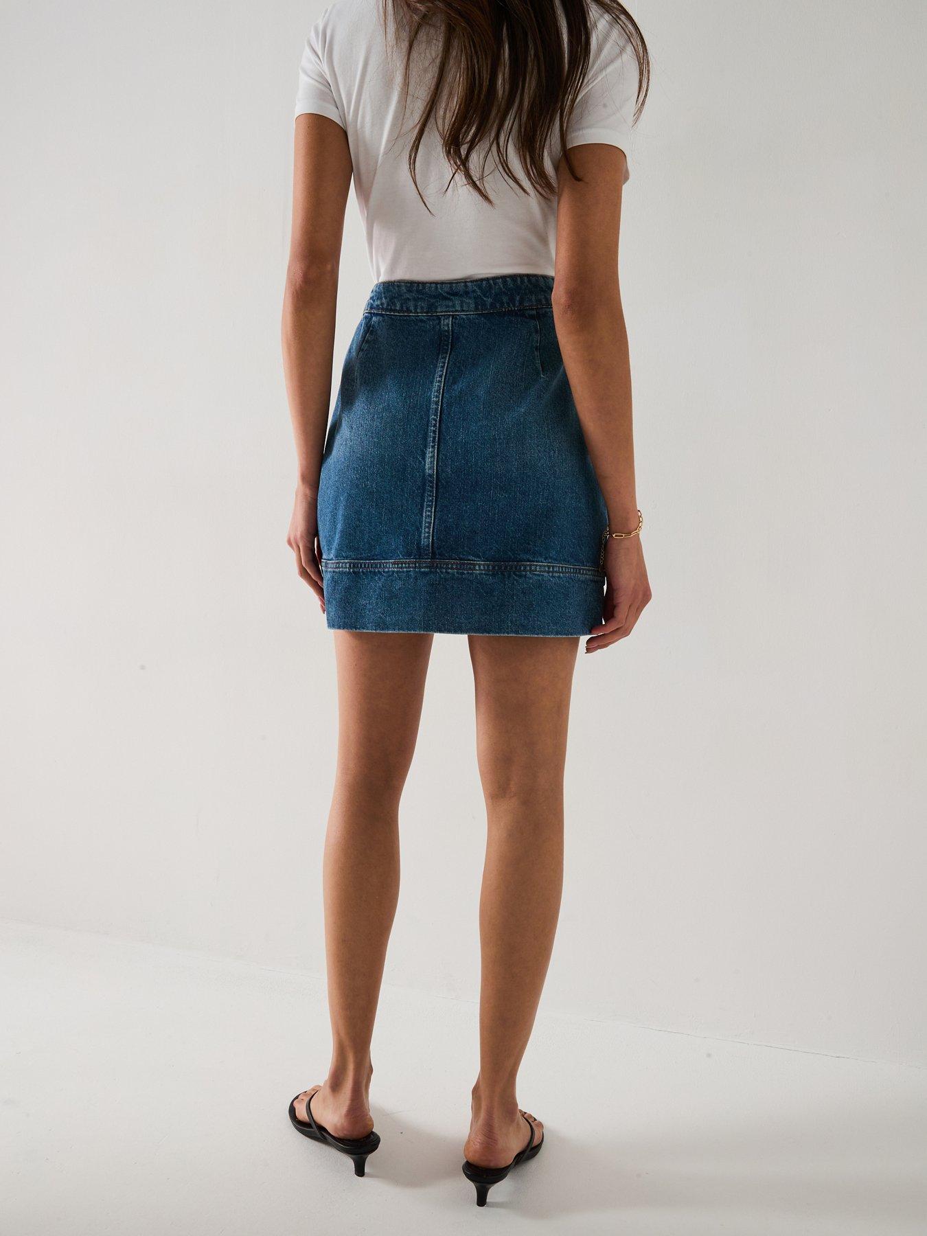 V by Very Waist Tab Denim Mini Skirt Mid Wash Very