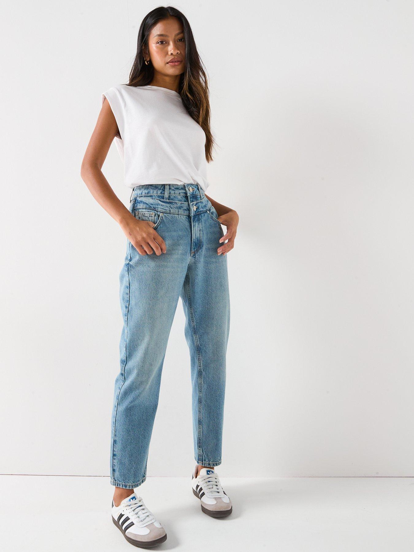 Image 1 of 6 of V by Very Double Waistband Mom Jeans - Mid Wash