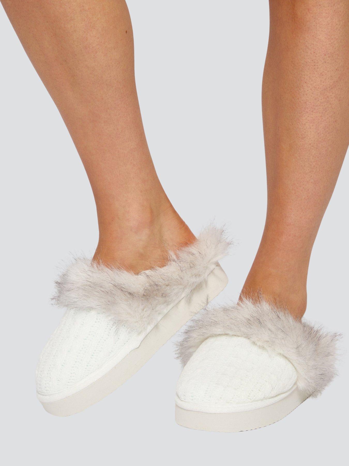 Loungeable Cable Knit Chunky Mule Slippers With Faux Fur Trim - White
