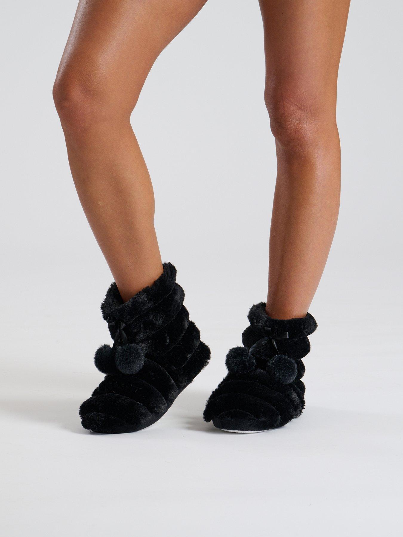 loungeable-textured-faux-fur-bootie-with-poms-black