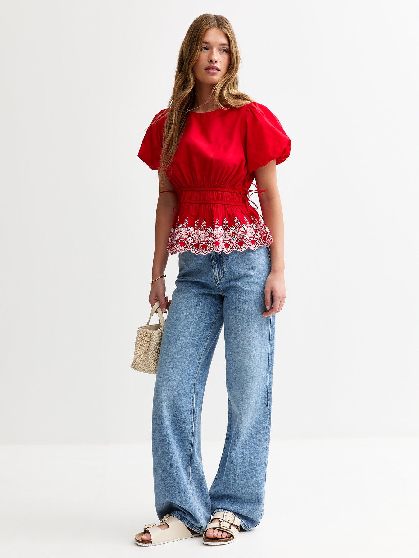 undefined Embroidered Trim Puff Sleeve Blouse - Red