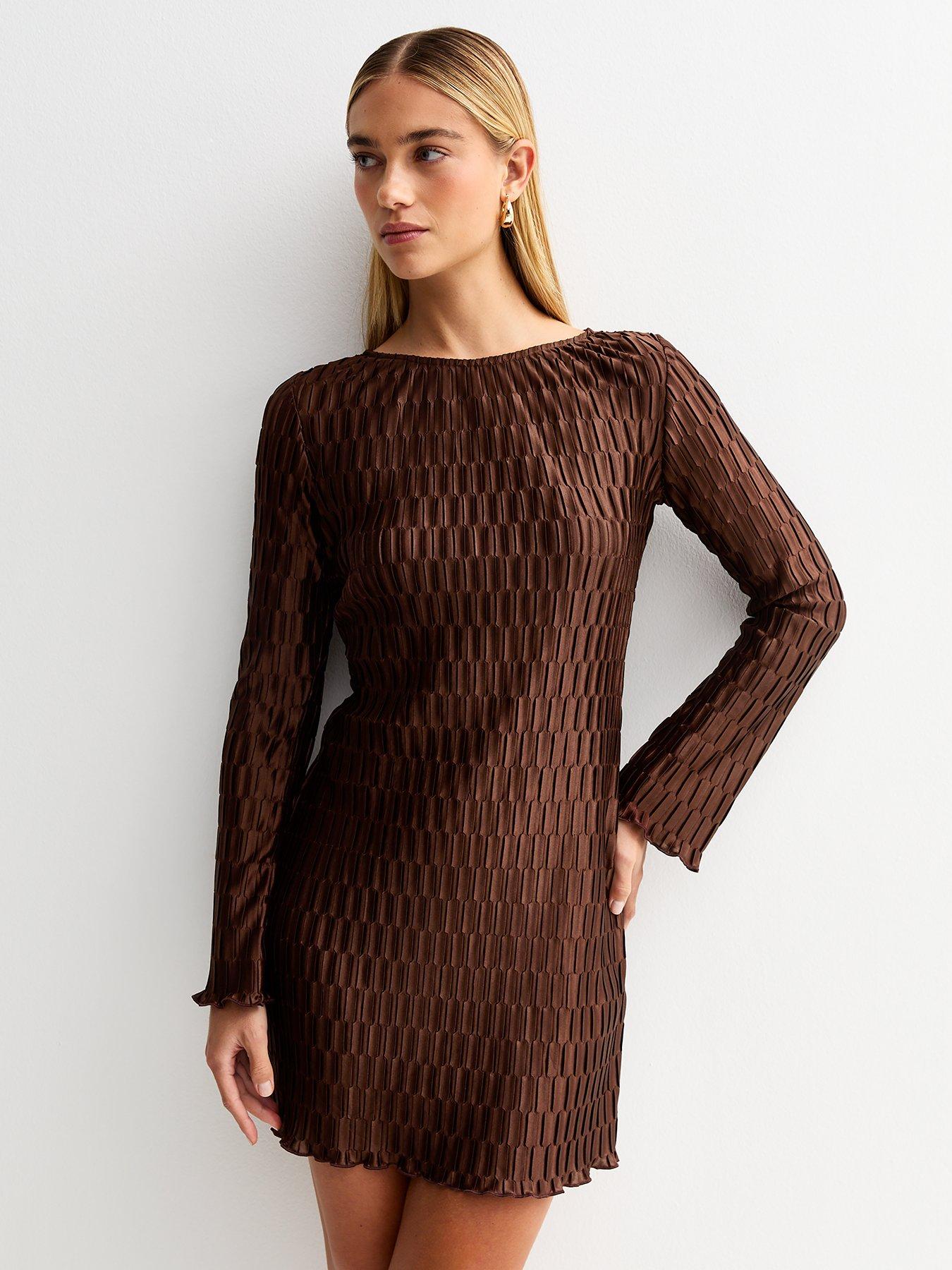 undefined Plisse Long Sleeve Tie Back Mini Dress - Brown