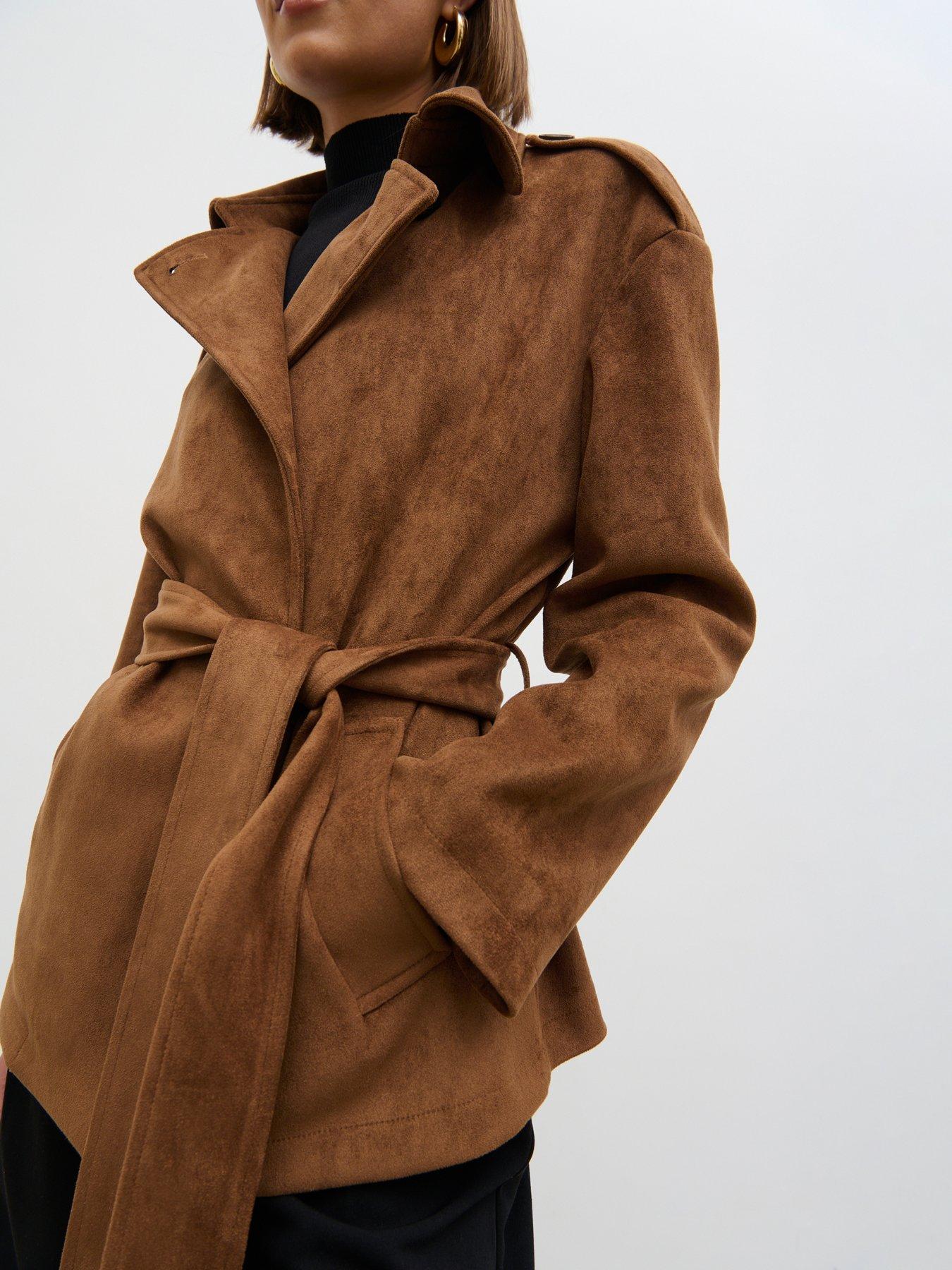 Pretty Lavish Lennon Cropped Faux Suede Tie Waist Jacket Brown