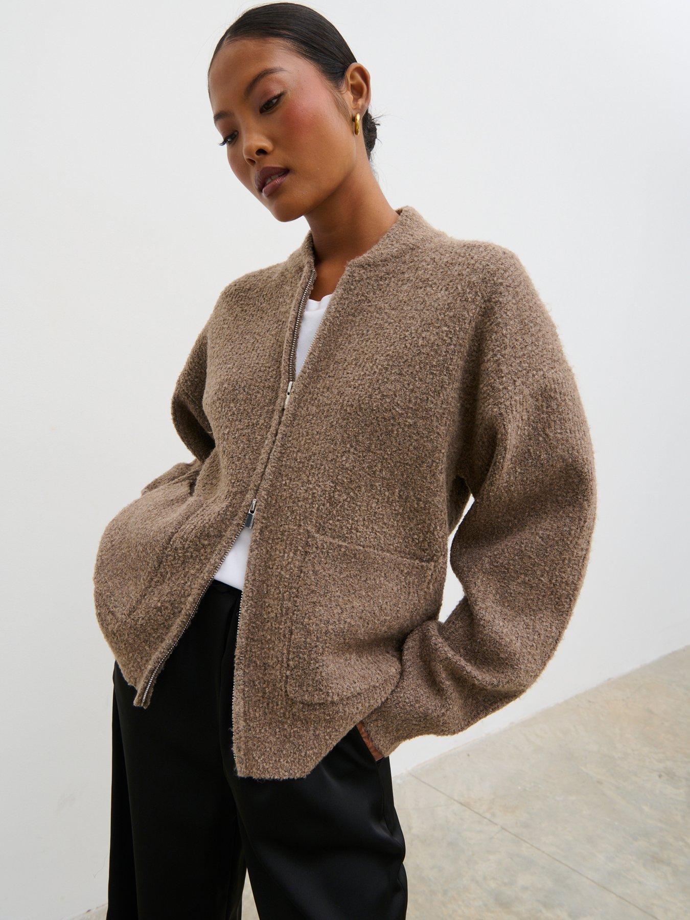 Pretty Lavish Camille Boucle Knit Bomber - Brown